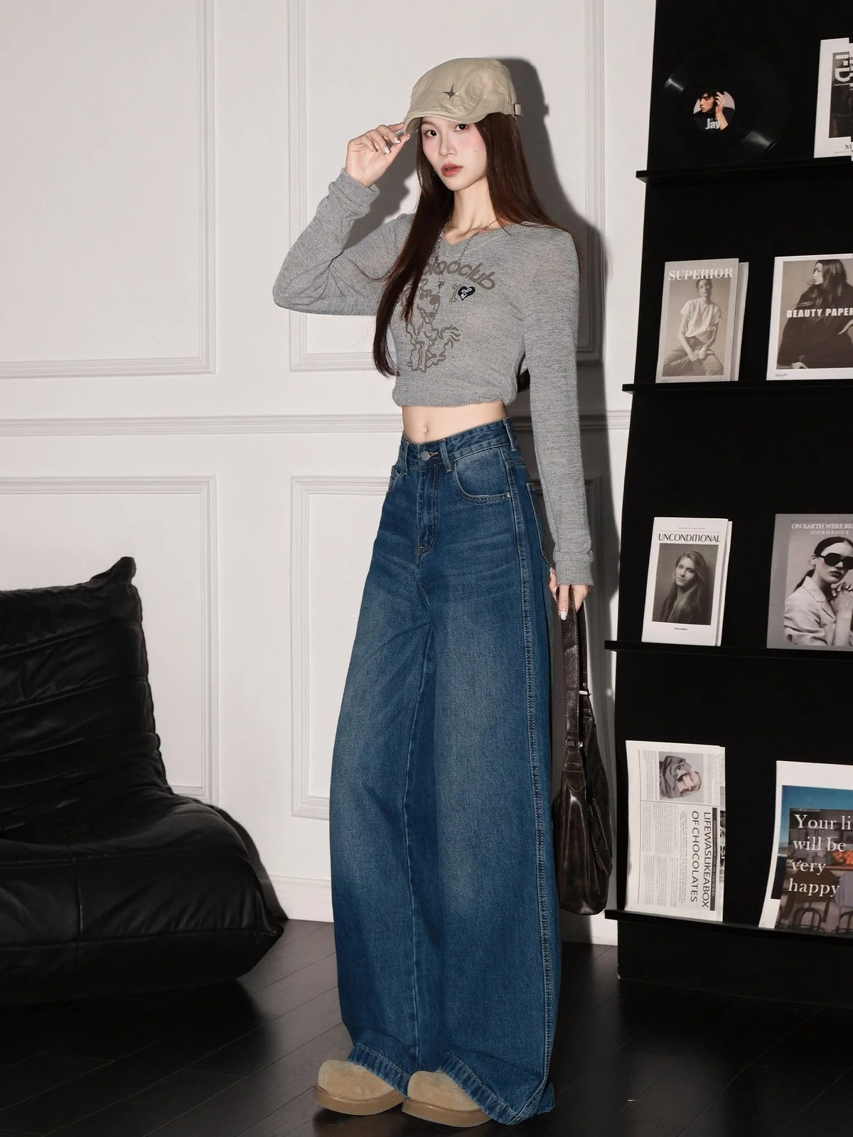 LA CHAPELLE アメカジ風 ひげ加工 ハイウエスト ワイドデニムパンツ レトロブルー｜商品写真