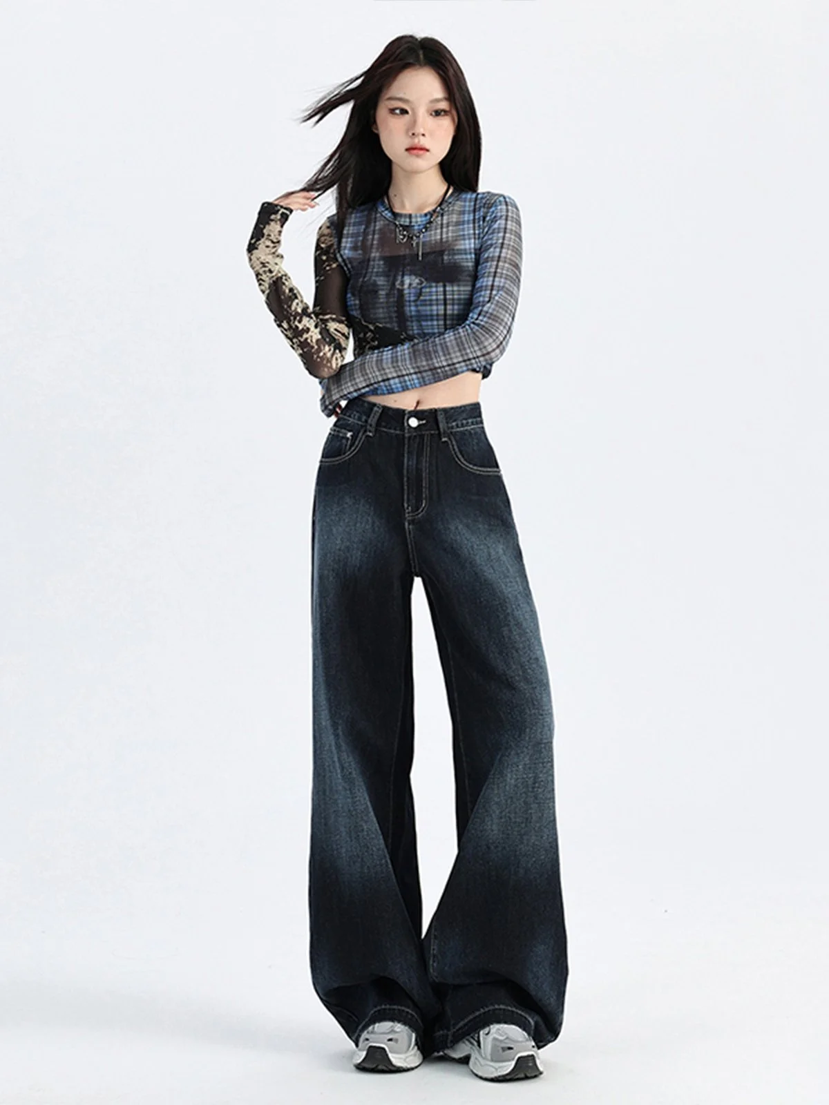 LA CHAPELLE ハイウエスト ロング丈 ワイドデニムパンツ ネイビー｜商品写真