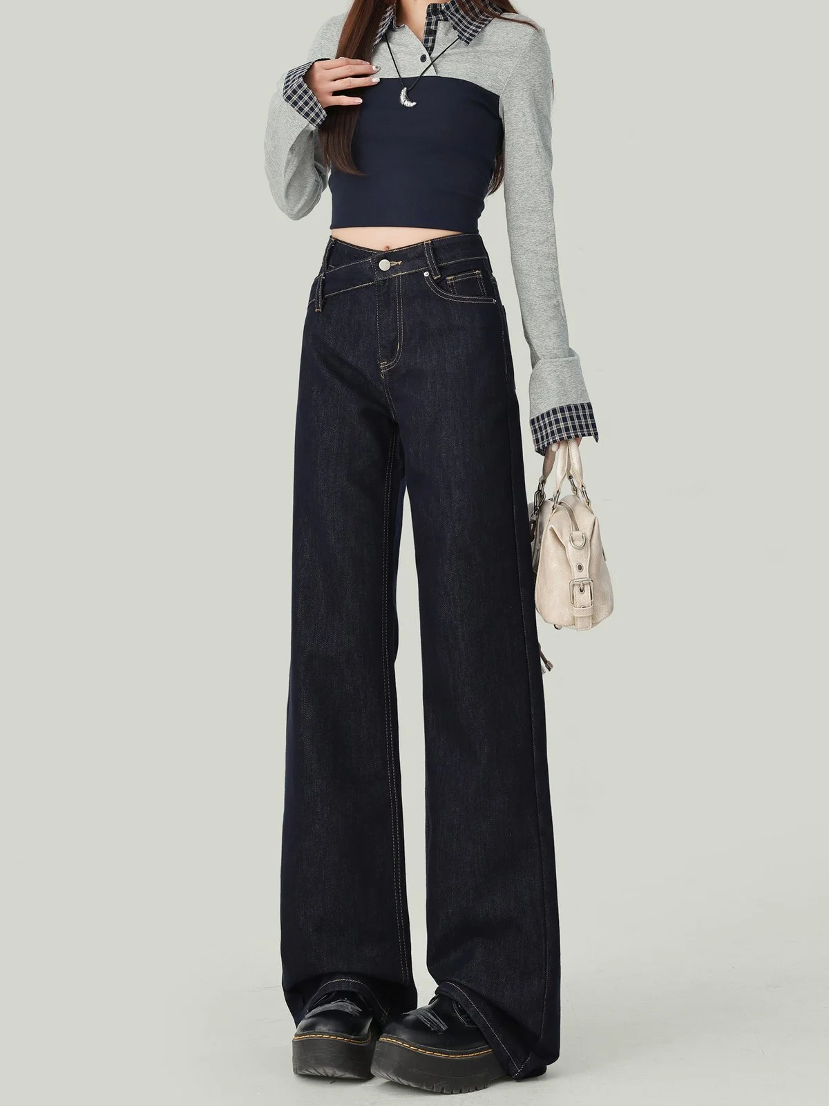LA CHAPELLE アシンメトリーウエスト ローライズ ストレートデニムパンツ ダークブルー｜商品写真