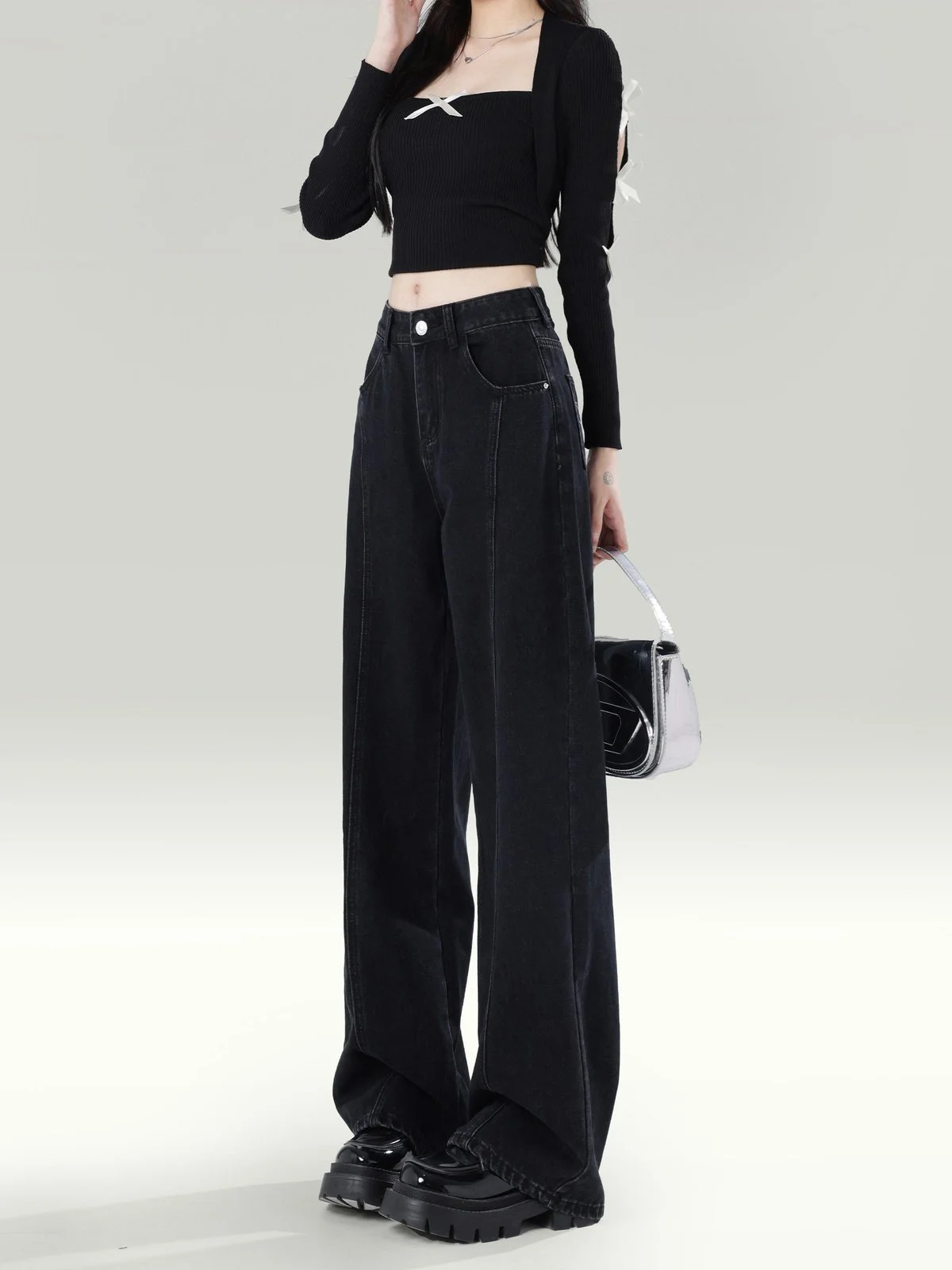 LA CHAPELLE ハイウエスト ワイドストレート ロング丈デニムパンツ ブラック｜商品写真