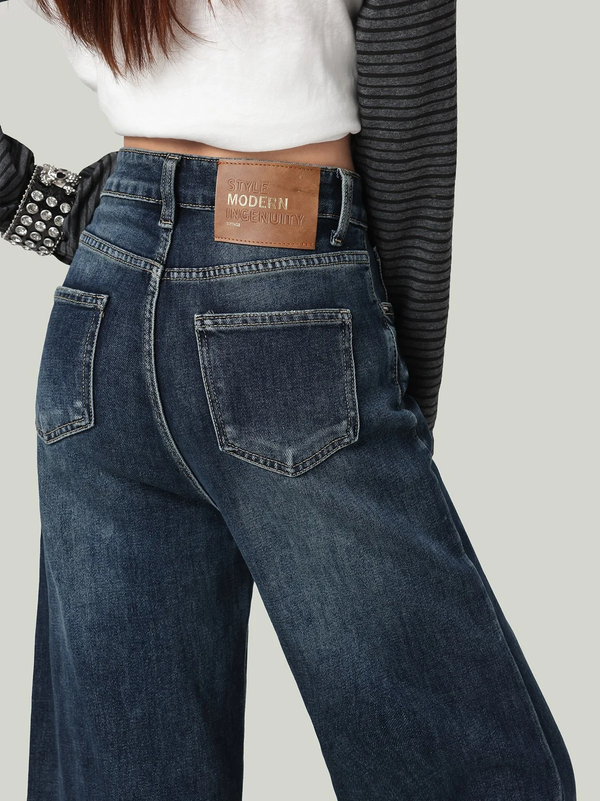 LA CHAPELLE アメカジ ハイウエスト スリムワイド デニムパンツ ヴィンテージブルー｜商品写真