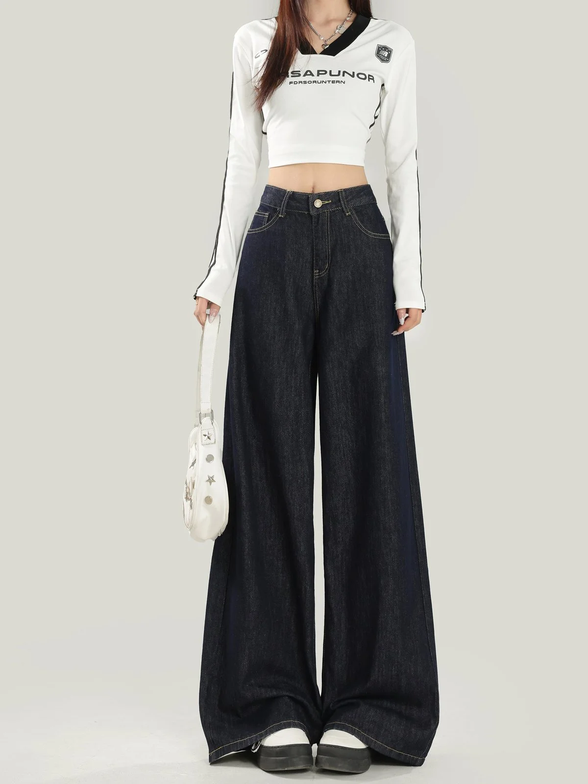 LA CHAPELLE ハイウエスト ゆったり ワイドデニムパンツ ディープブルー｜商品写真