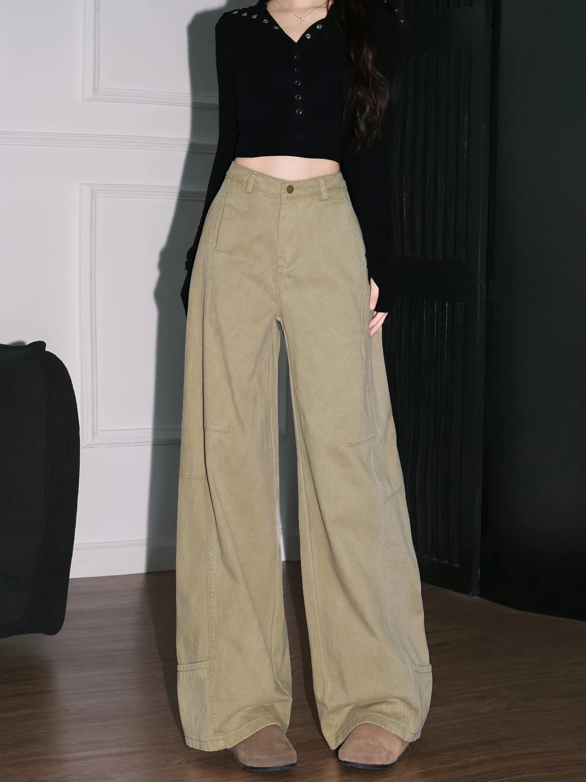 LA CHAPELLE カーブドレッグ ワイドデニムパンツ ライトカーキ｜商品写真