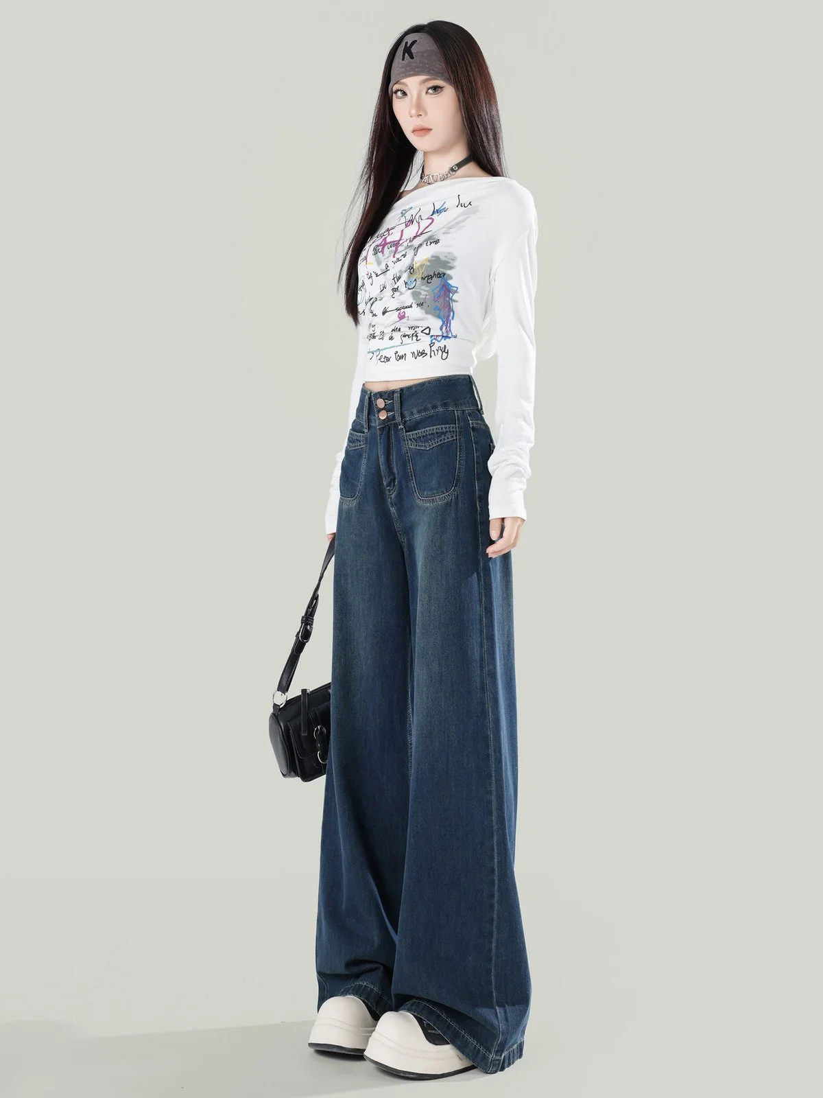 LA CHAPELLE ハイウエスト ゆったり ストレートワイド デニムパンツ ダークブルー｜商品写真