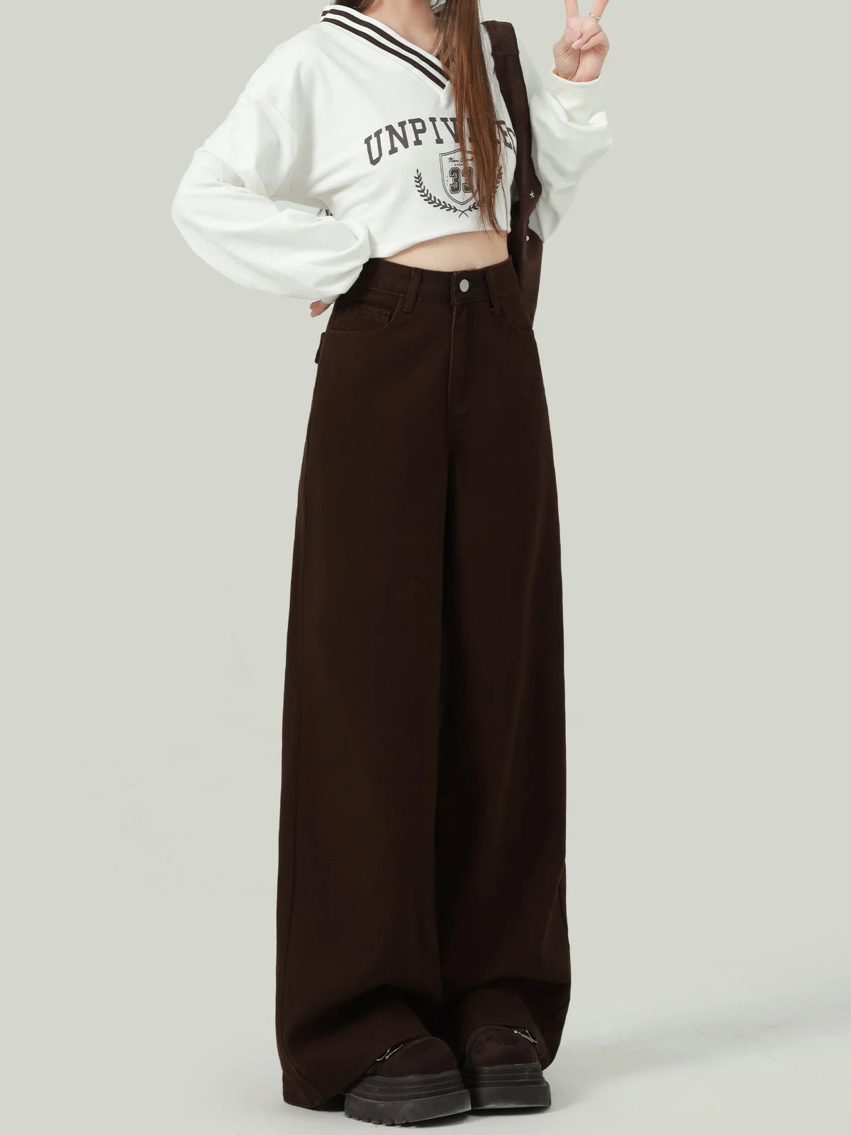 LA CHAPELLE バックポケット ワイドストレート デニムパンツ コーヒーブラウン｜商品写真