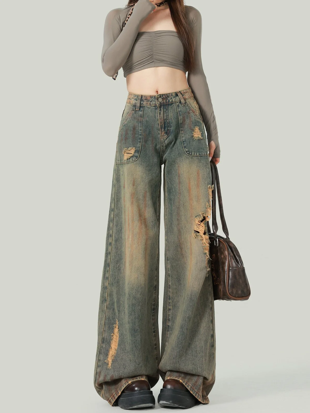 LA CHAPELLE ダメージ加工 ワイドデニムパンツ グレー｜商品写真
