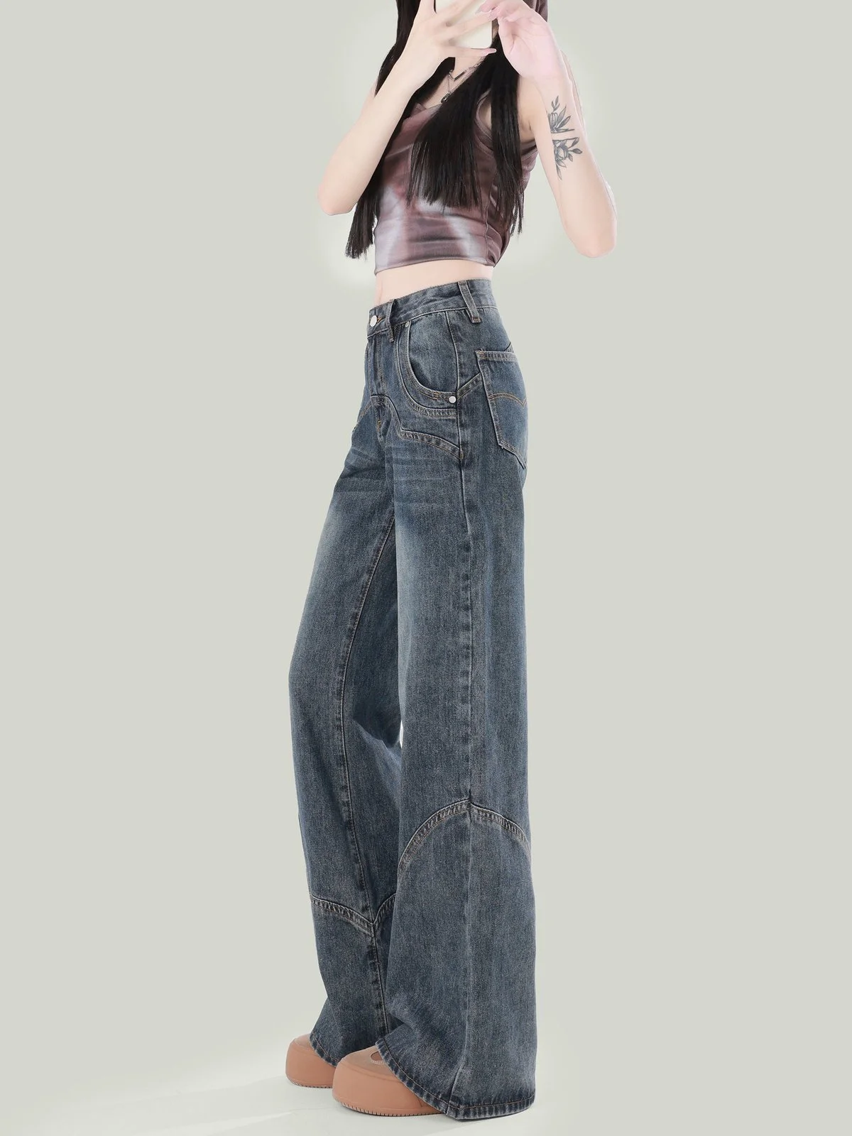 LA CHAPELLE ハイウエスト ワイドフレア デニムパンツ グレー｜商品写真