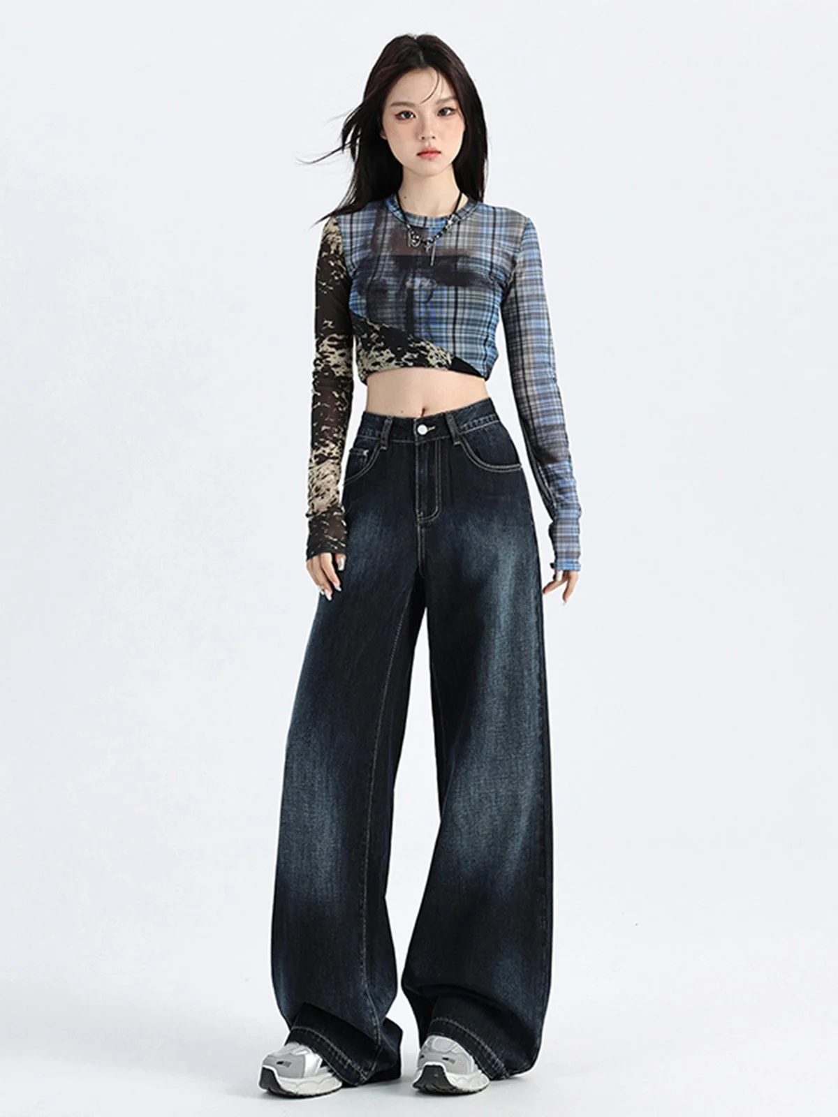 LA CHAPELLE ハイウエスト ロング丈 ワイドデニムパンツ ネイビー｜商品写真