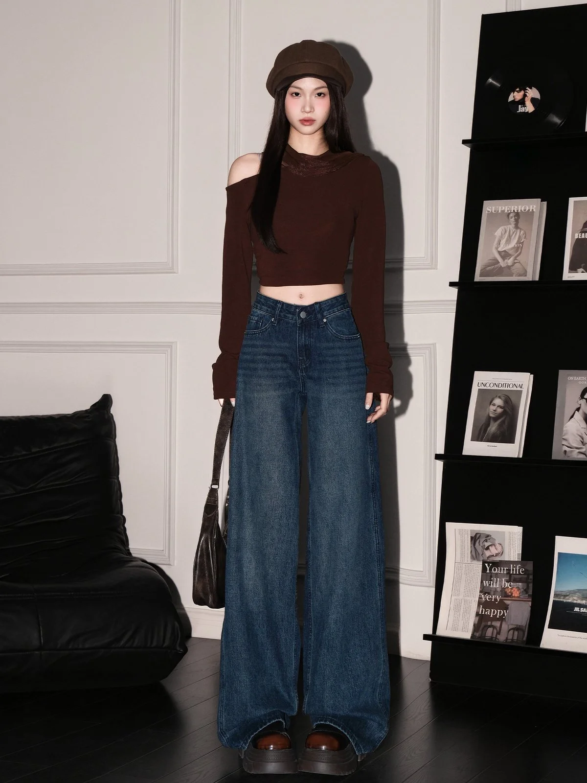 LA CHAPELLE レトロ ローウエスト ワイドストレート デニムパンツ ブルー｜商品写真