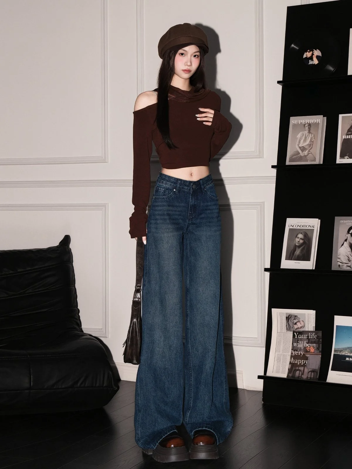 LA CHAPELLE レトロ ローウエスト ワイドストレート デニムパンツ ブルー｜商品写真