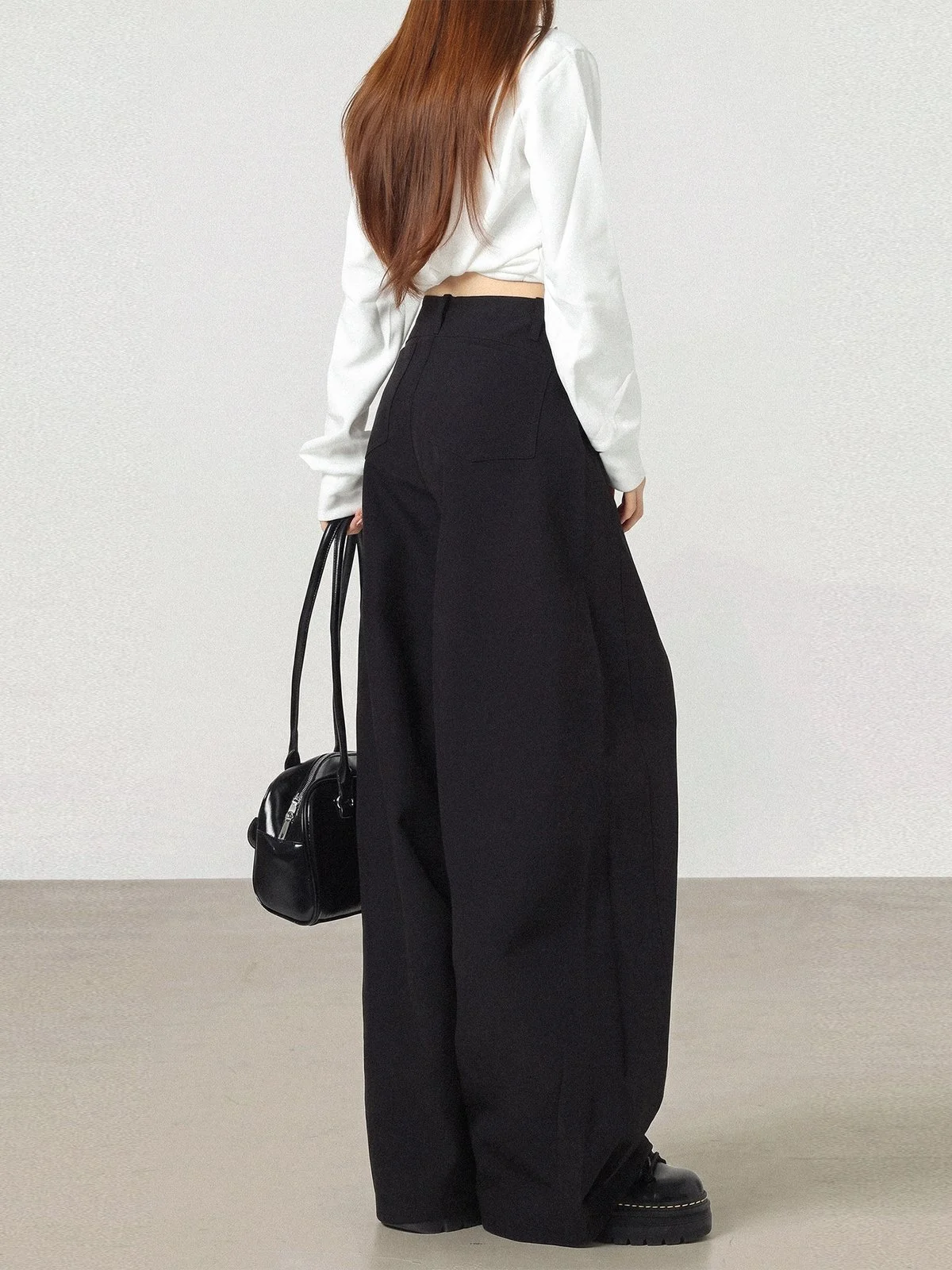 LA CHAPELLE シワ加工 ハイウエスト ワイドスラックス ブラック｜商品写真
