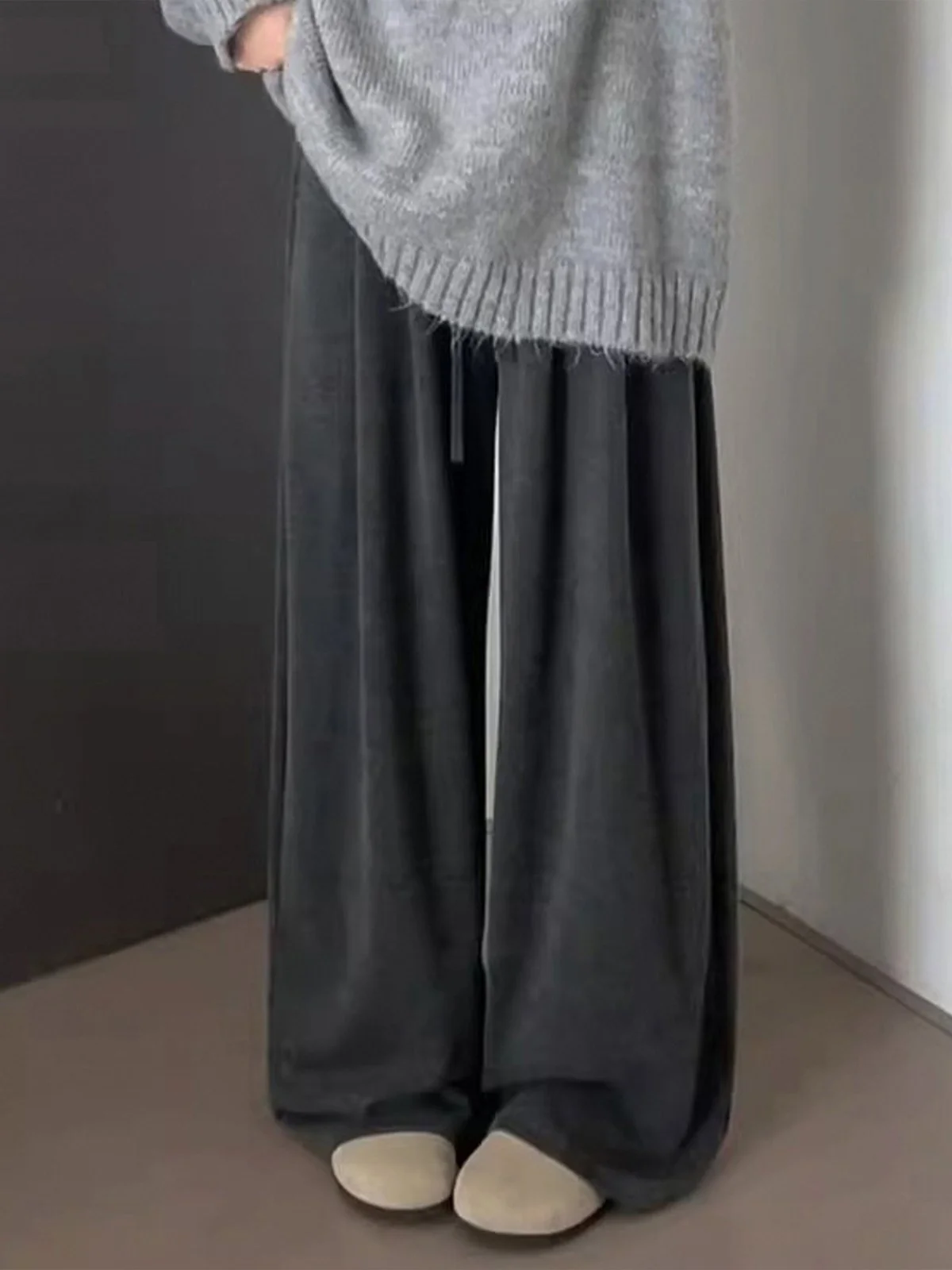 LA CHAPELLE ゆったり ハイウエスト ワイドストレートパンツ ダークグレー｜商品写真