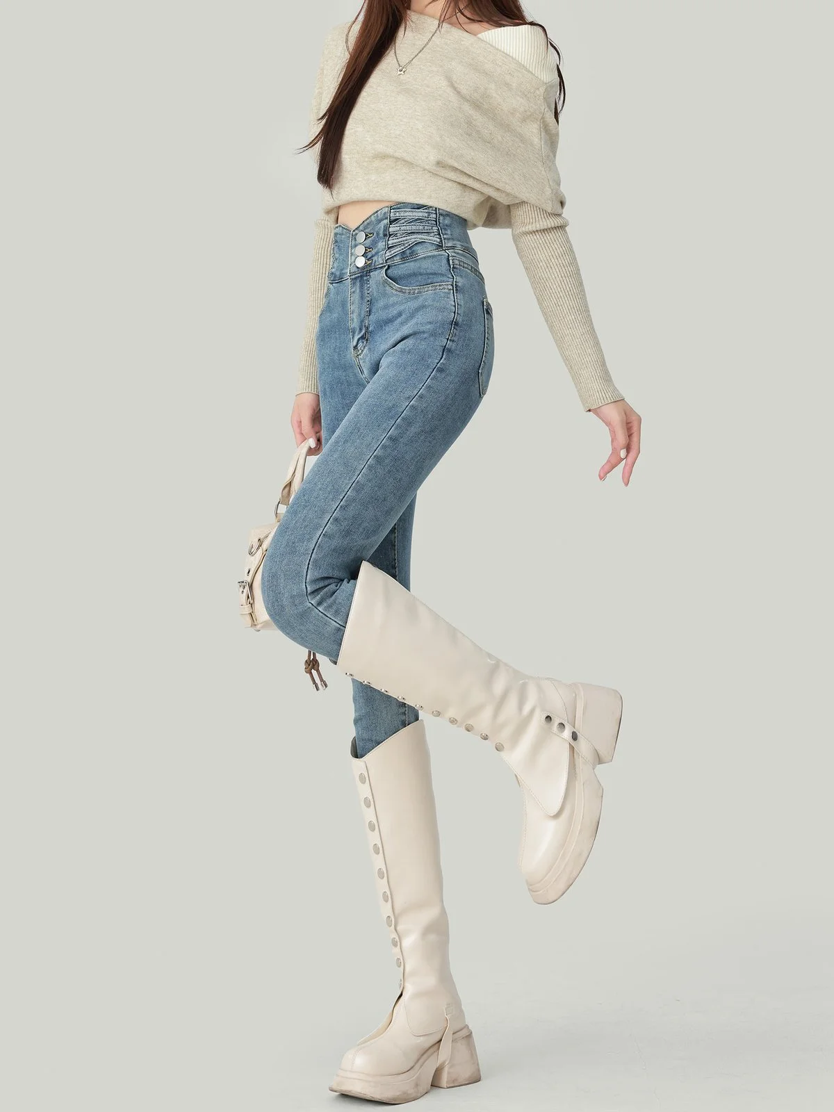LA CHAPELLE ストレッチ ハイウエスト スキニーデニムパンツ レトロブルー 裏起毛タイプあり｜商品写真