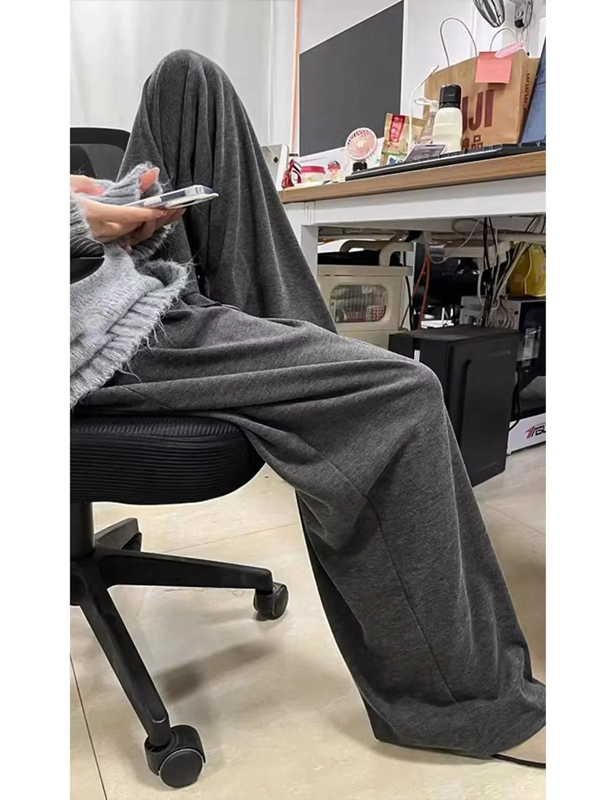 LA CHAPELLE ゆったり ハイウエスト ワイドストレートパンツ ダークグレー｜商品写真