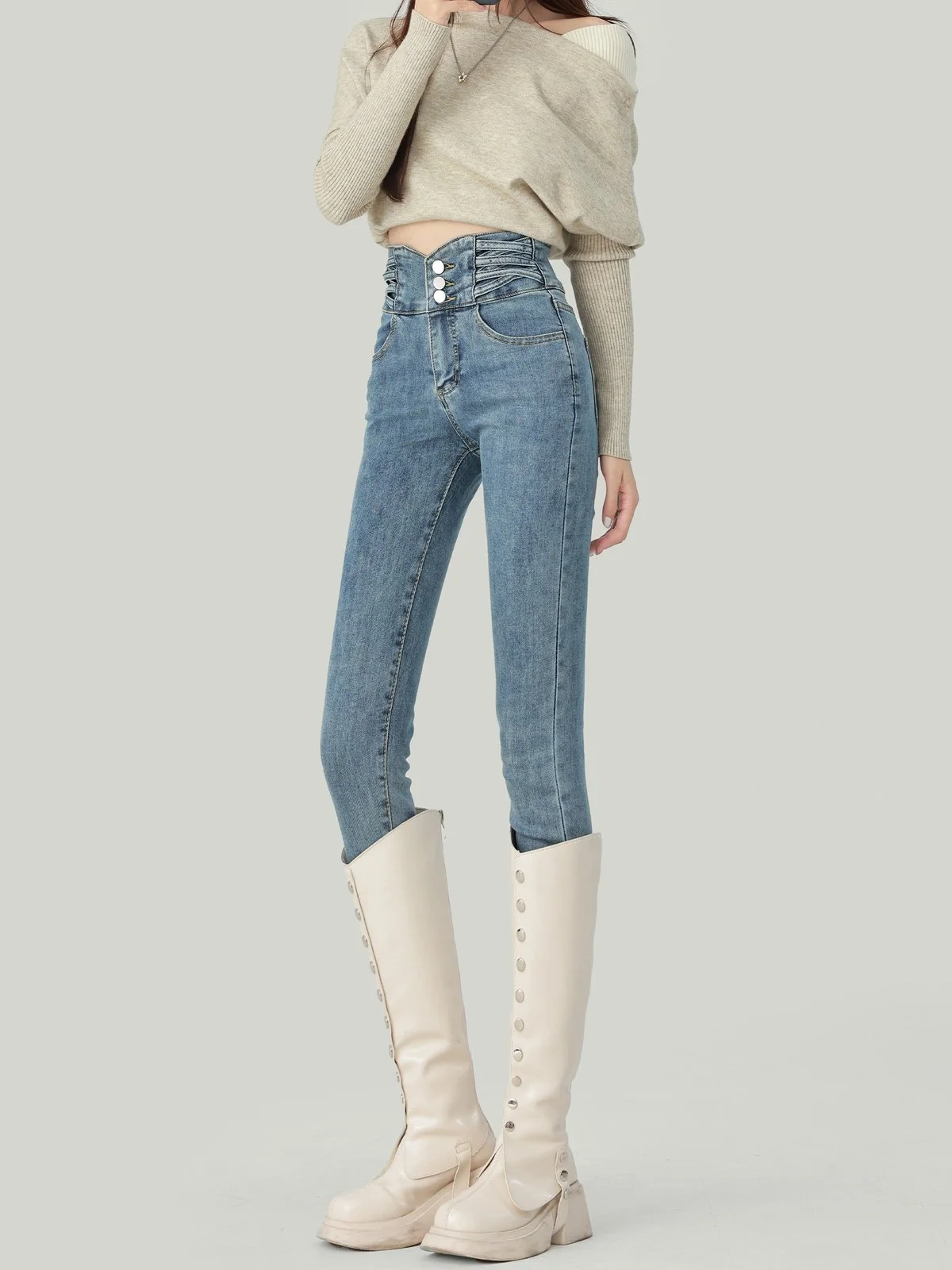 LA CHAPELLE ストレッチ ハイウエスト スキニーデニムパンツ レトロブルー 裏起毛タイプあり｜商品写真