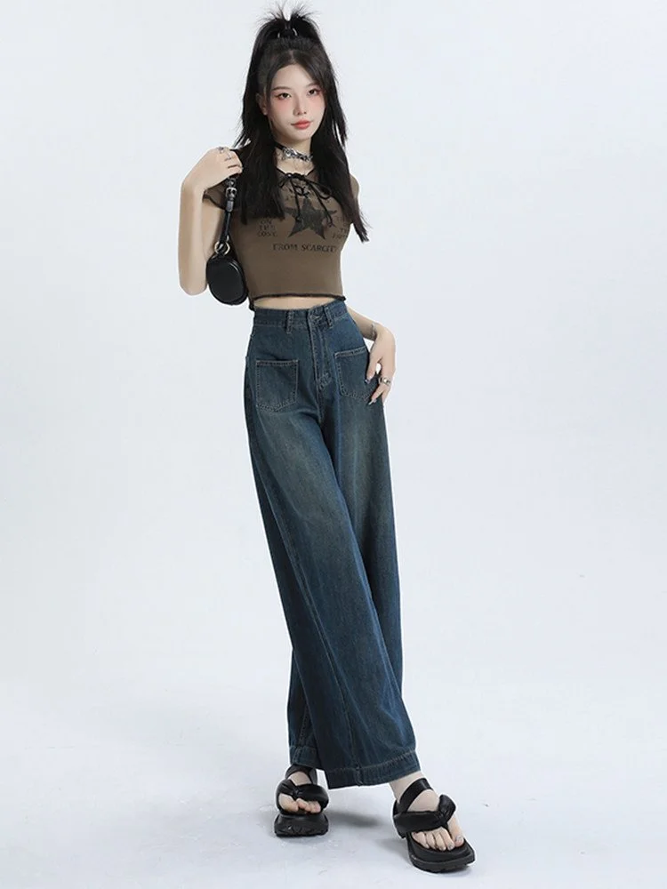 LA CHAPELLE ストリート レトロ ワイドストレート デニムパンツ ブルー｜商品写真