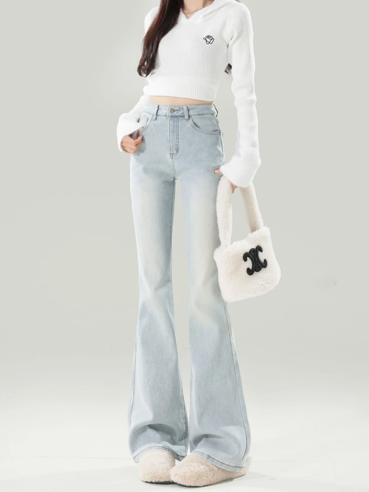 LA CHAPELLE ハイウエスト ストレッチ ブーツカットデニムパンツ ウォッシュブルー｜商品写真