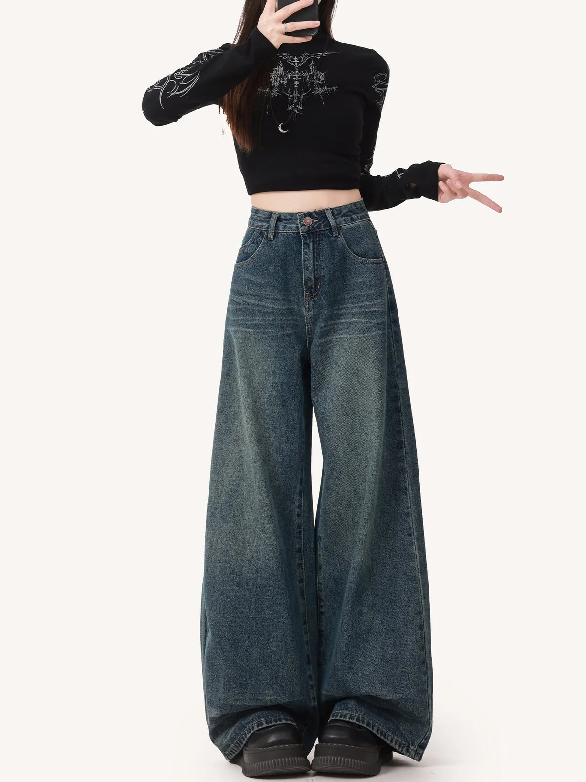 LA CHAPELLE アメカジ ハイウエスト ルーズ ワイドストレートデニムパンツ｜商品写真