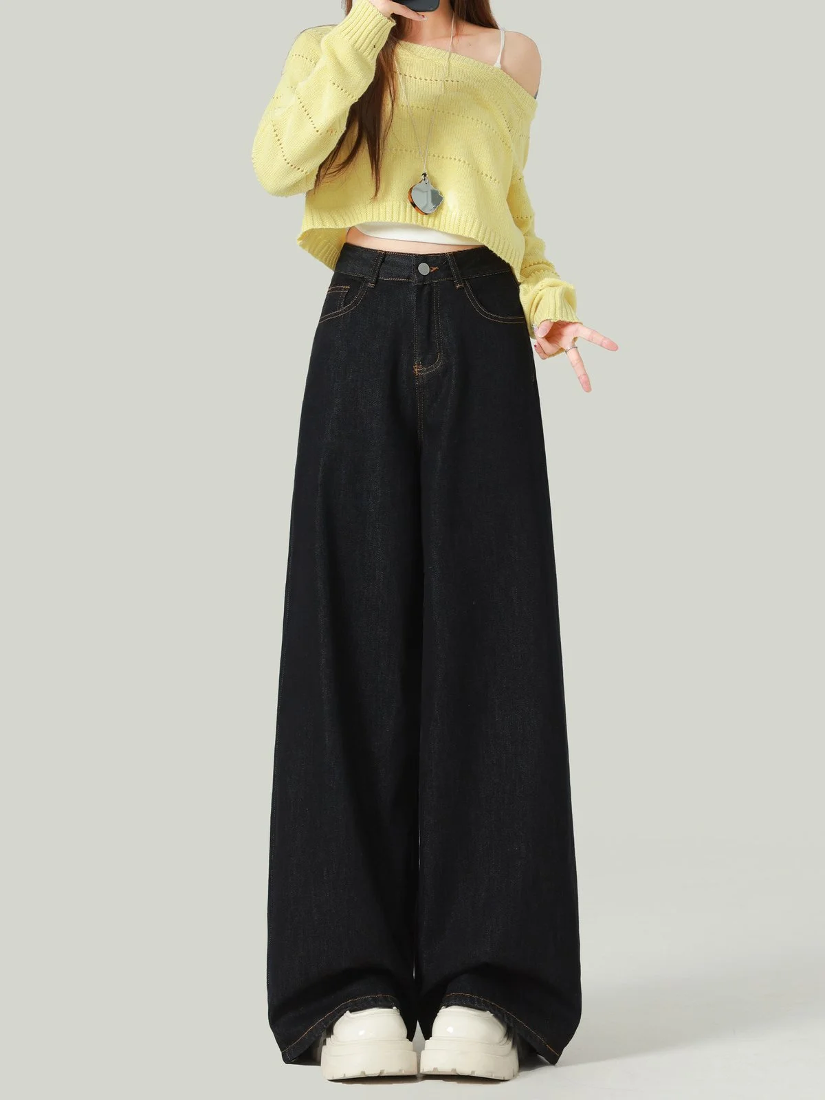 LA CHAPELLE ハイウエスト ワイドデニムパンツ ブラックゴールド｜商品写真
