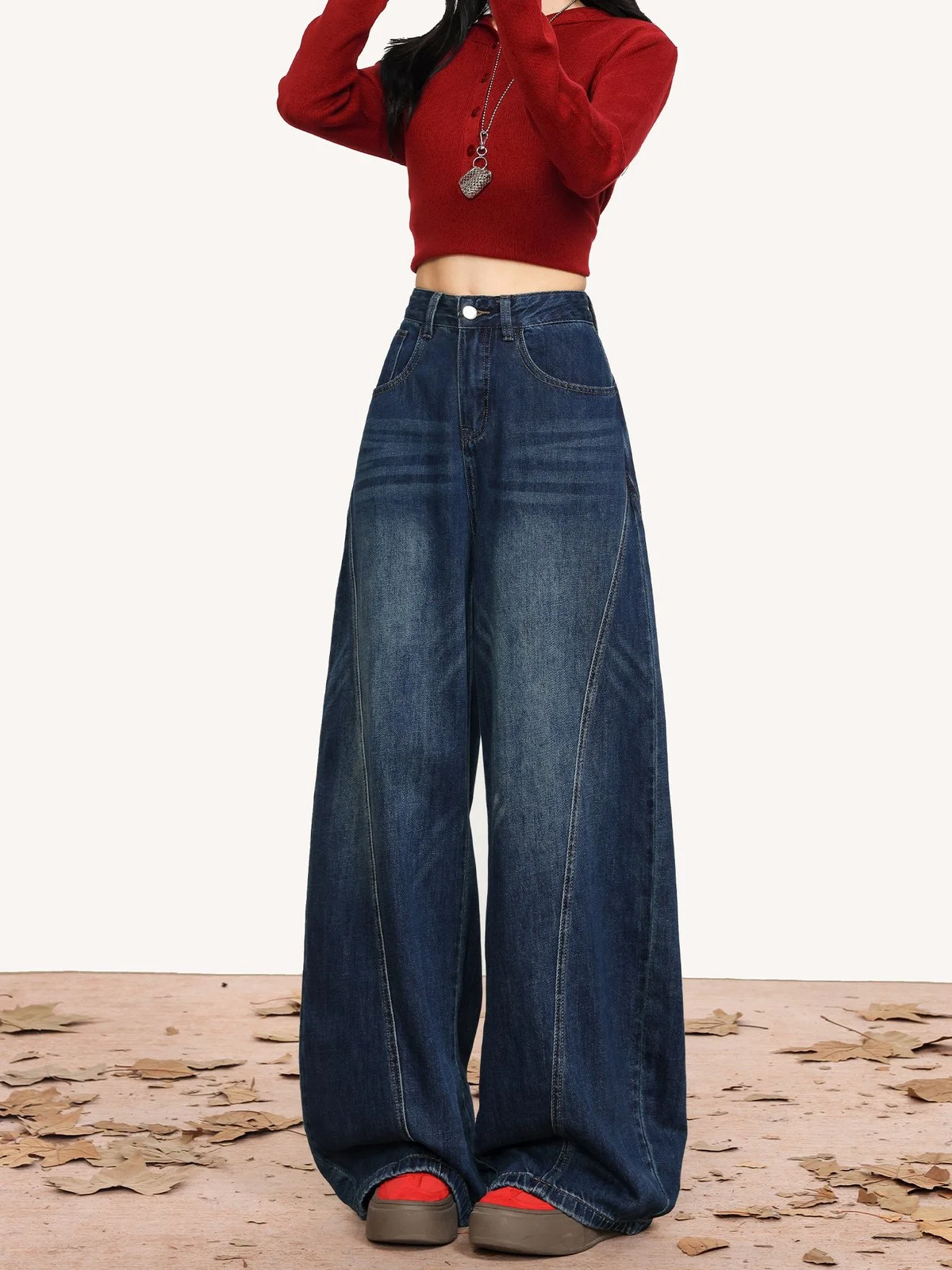 LA CHAPELLE カーブシルエット ロング丈 ワイドデニムパンツ ブルー｜商品写真