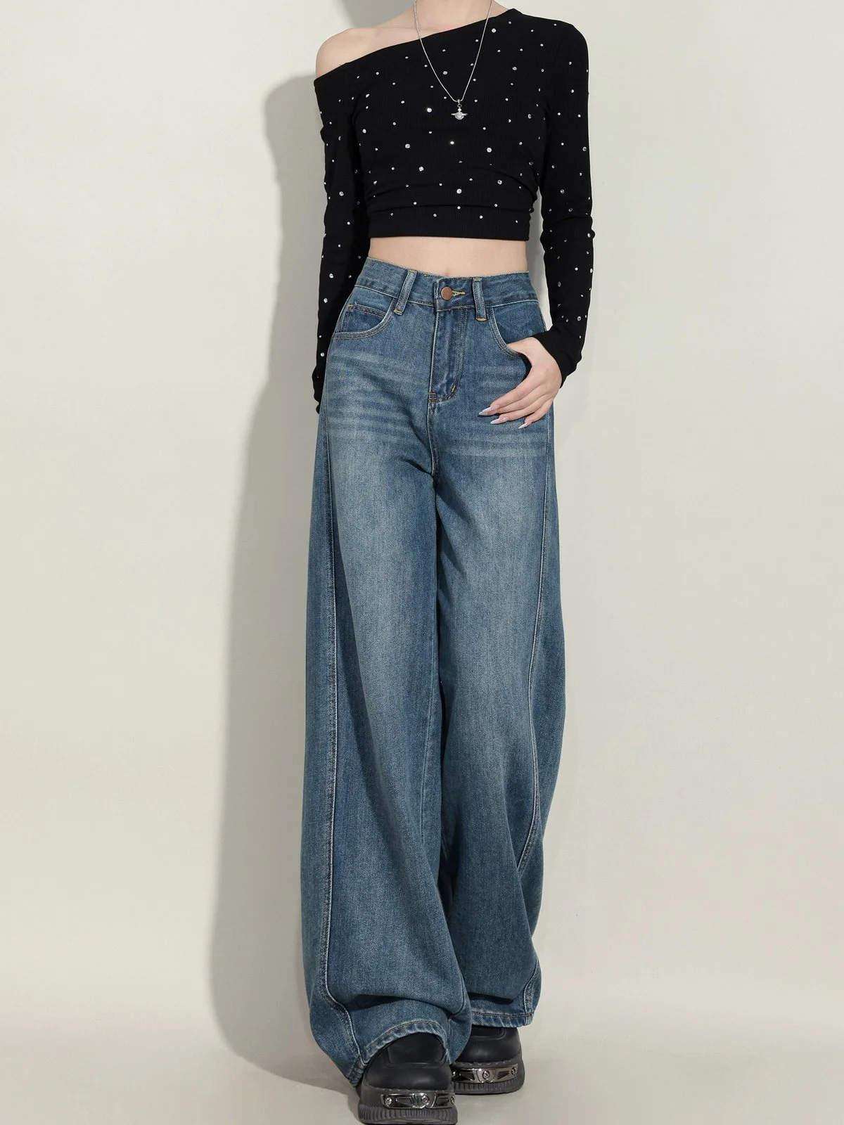 LA CHAPELLE ハイウエスト バナナシルエット ワイドデニムパンツ ブルー｜商品写真