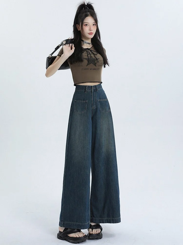 LA CHAPELLE ストリート レトロ ワイドストレート デニムパンツ ブルー｜商品写真