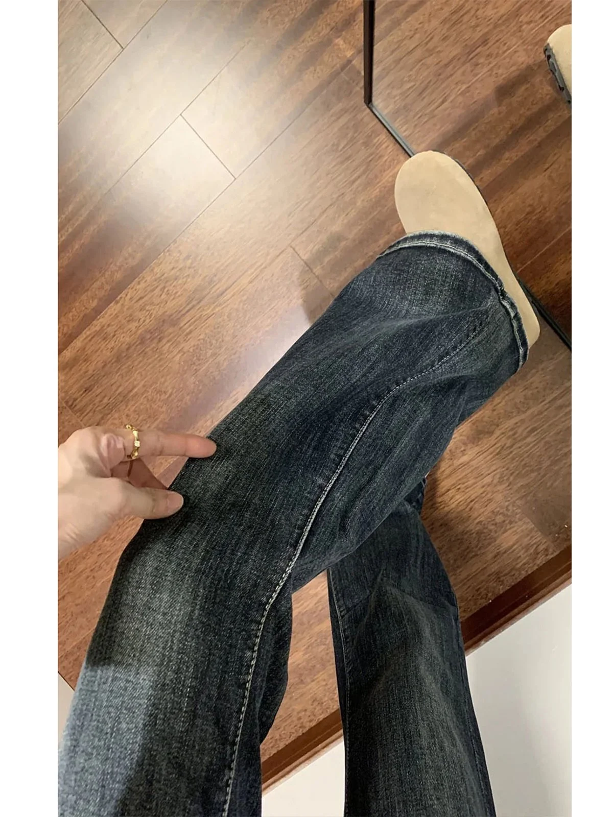 LA CHAPELLE ハイウエスト フレアデニムパンツ ブルーグレー 裏起毛タイプあり｜商品写真