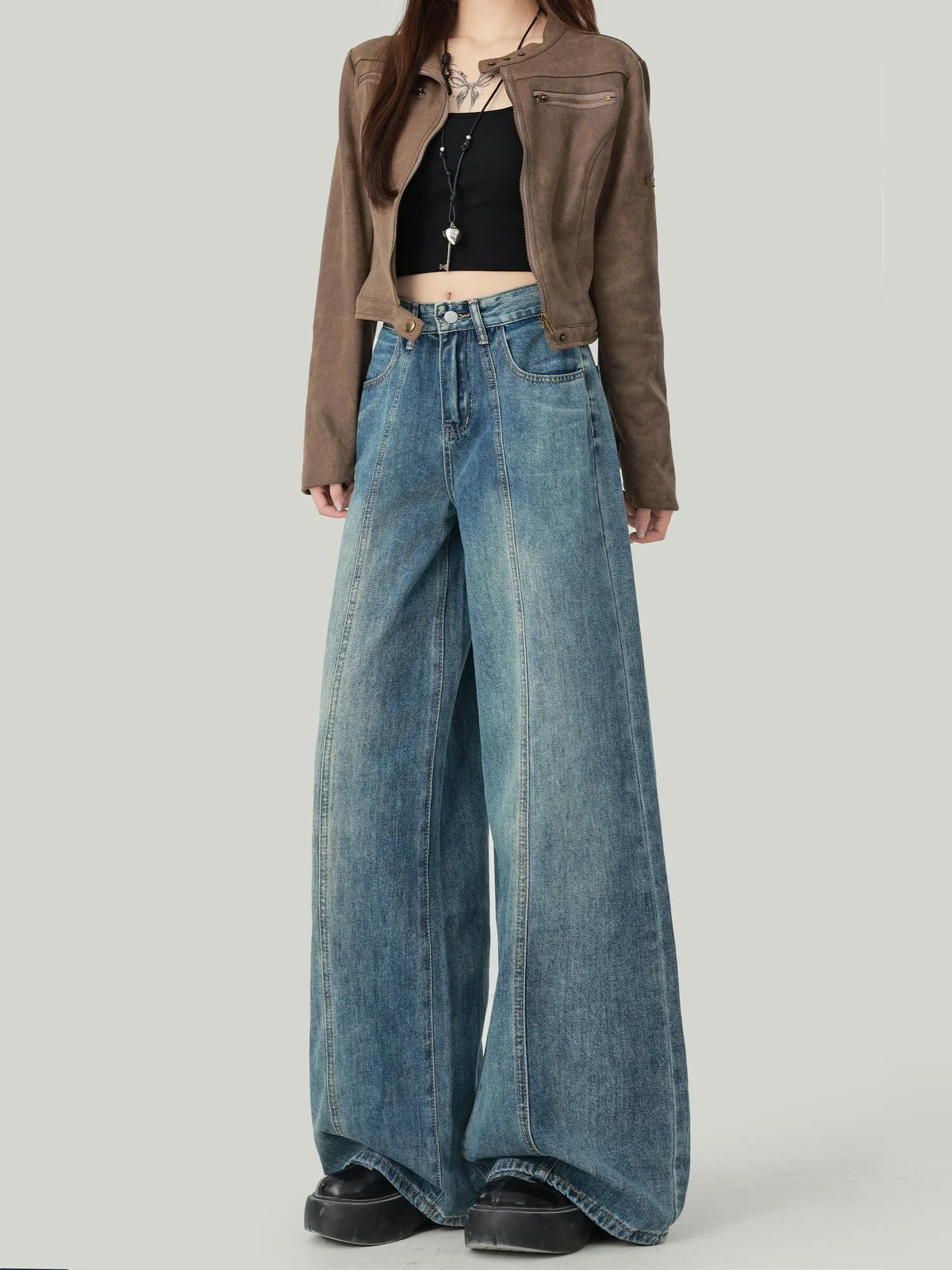 LA CHAPELLE アメカジ ハイウエスト ワイドデニムパンツ ダークブルー｜商品写真