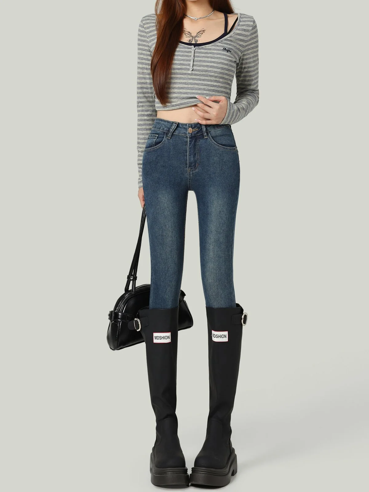 LA CHAPELLE ハイウエスト ストレッチ スキニーデニムパンツ ヴィンテージブルー｜商品写真