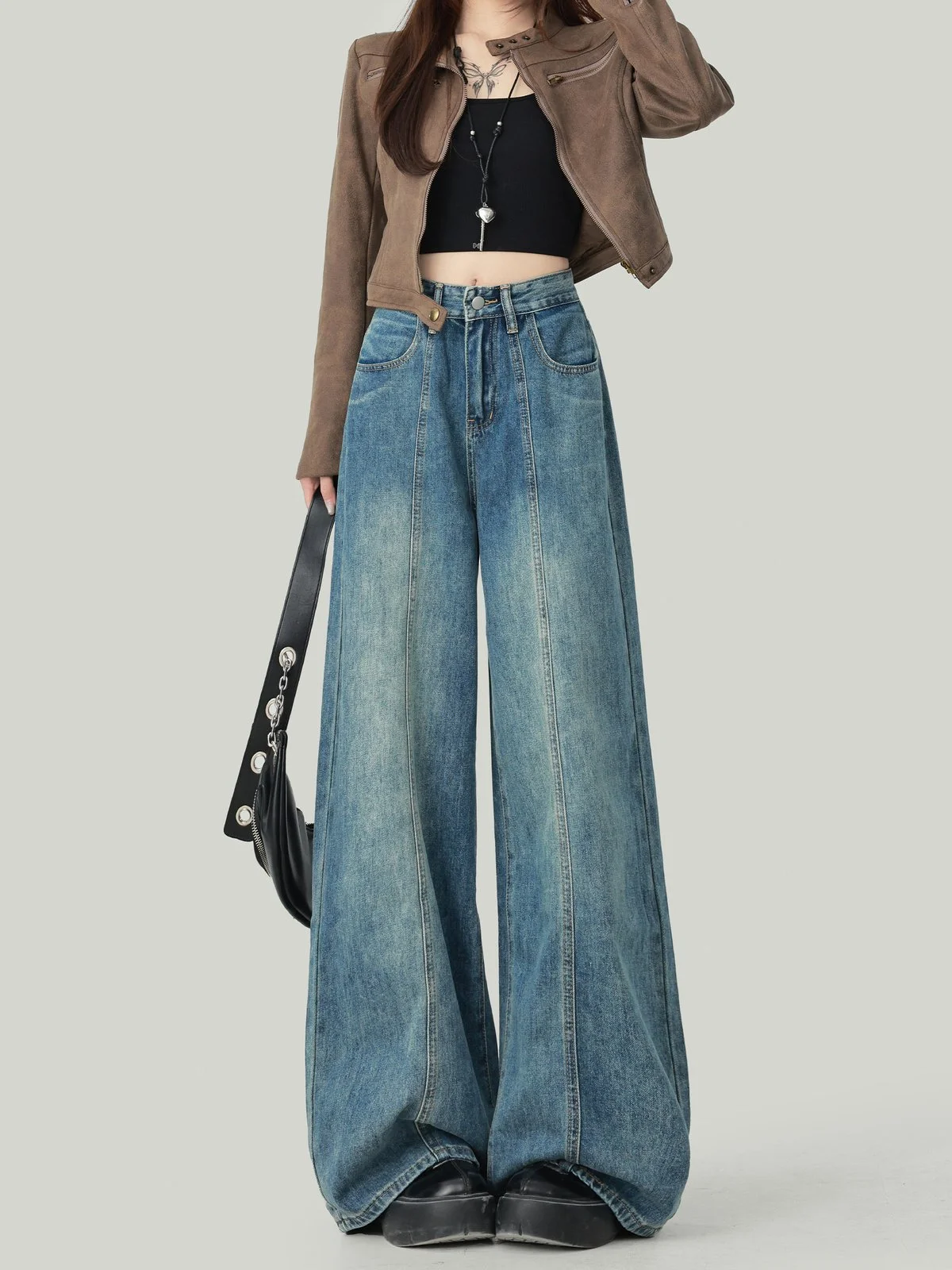 LA CHAPELLE アメカジ ハイウエスト ワイドデニムパンツ ダークブルー｜商品写真