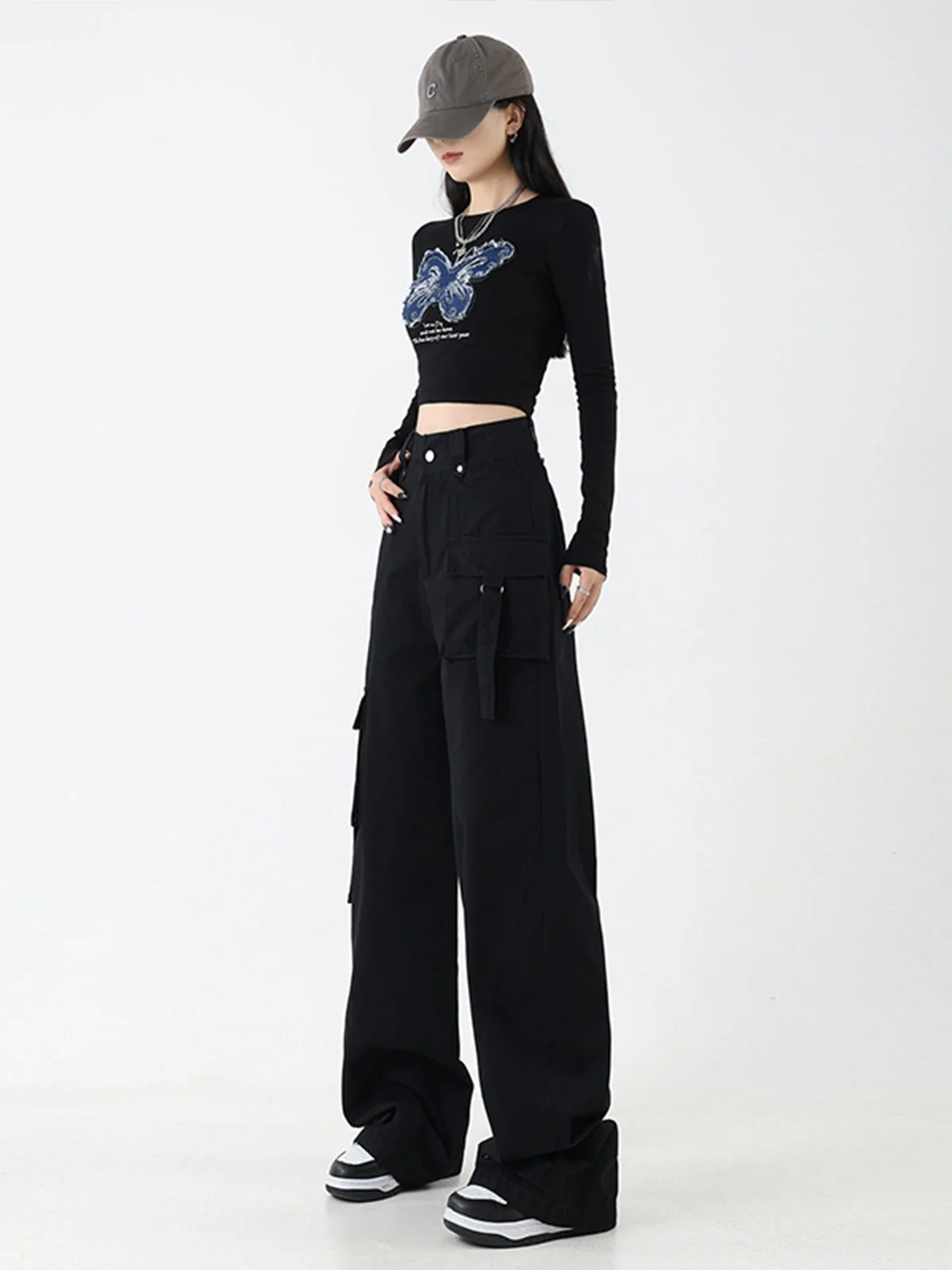 LA CHAPELLE ハイウエスト カーゴ風 ワイドパンツ ロング丈｜商品写真