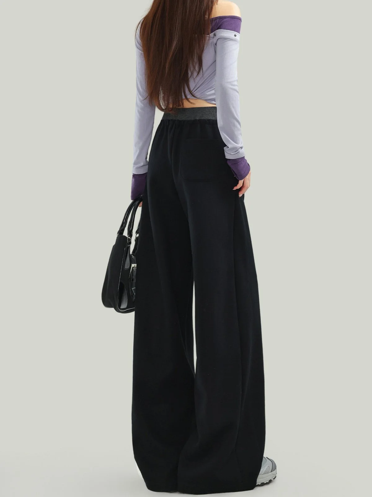 LA CHAPELLE ゆったり ハイウエスト スポーティ ワイドストレートパンツ ブラック｜商品写真