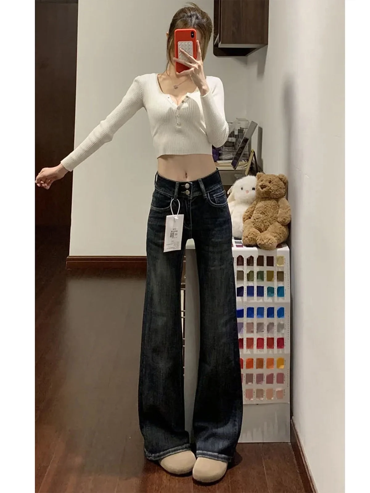LA CHAPELLE ハイウエスト フレアデニムパンツ ブルーグレー 裏起毛タイプあり｜商品写真