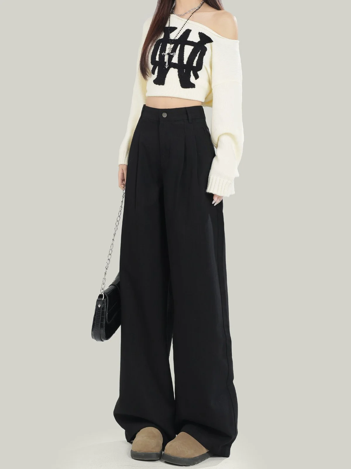 LA CHAPELLE シワ加工 ハイウエスト ワイドデニムパンツ ブラック｜商品写真