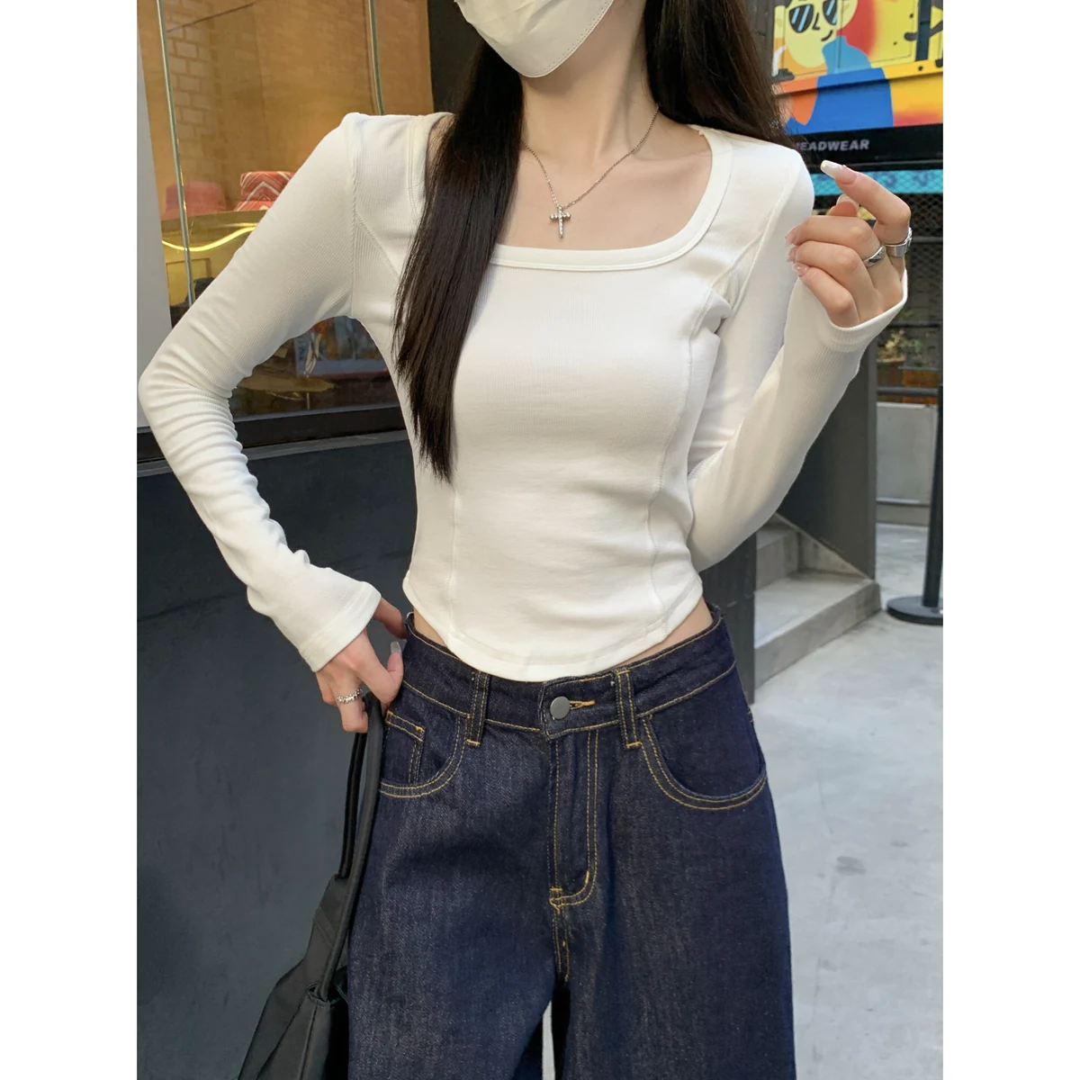 スクエアネック 長袖Tシャツ アプリコット インナー