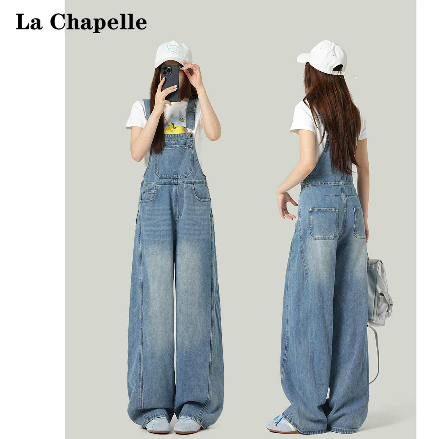 ライトブルー デニム ロンパース ワイドシルエット