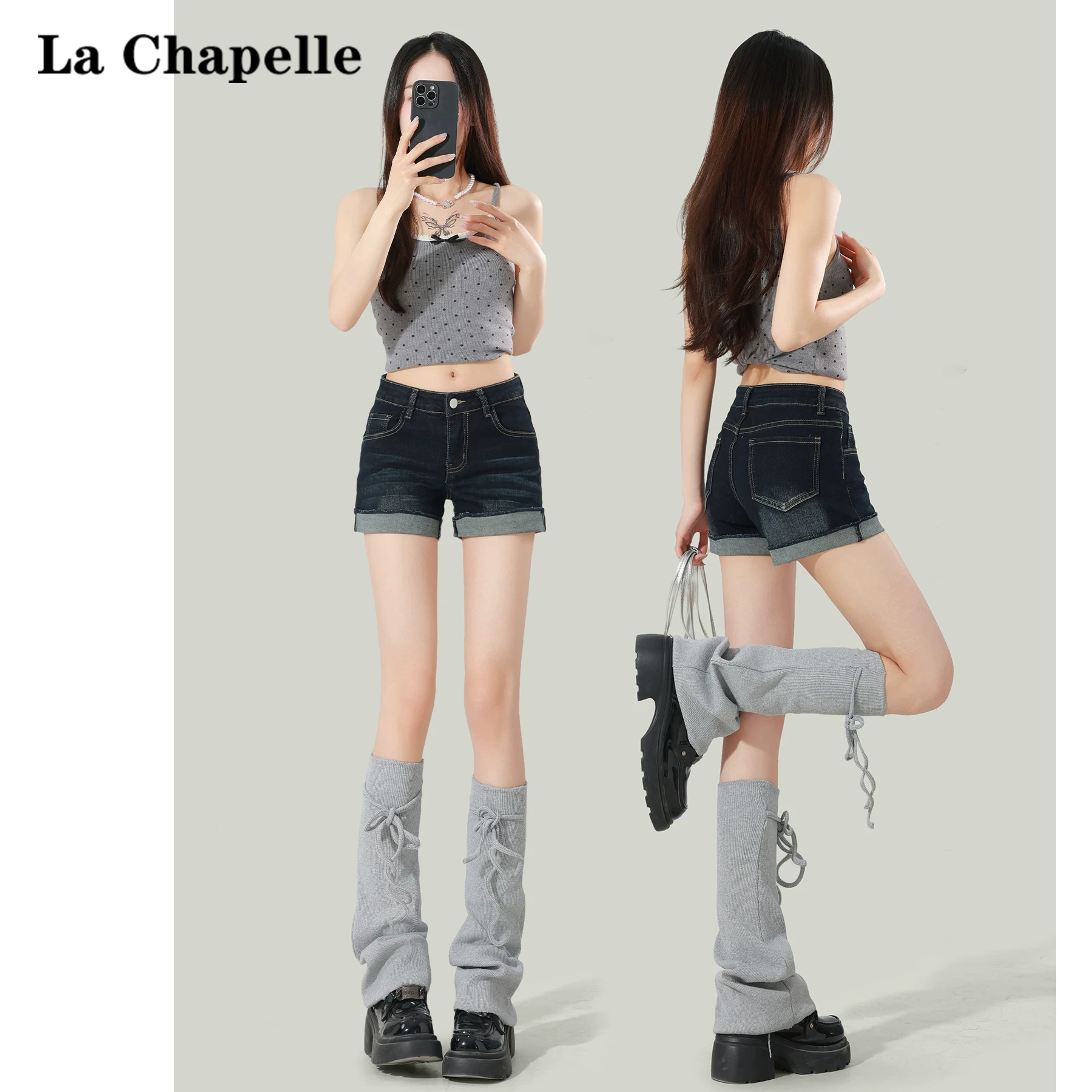 ロールアップ ハイウエスト デニムショートパンツ