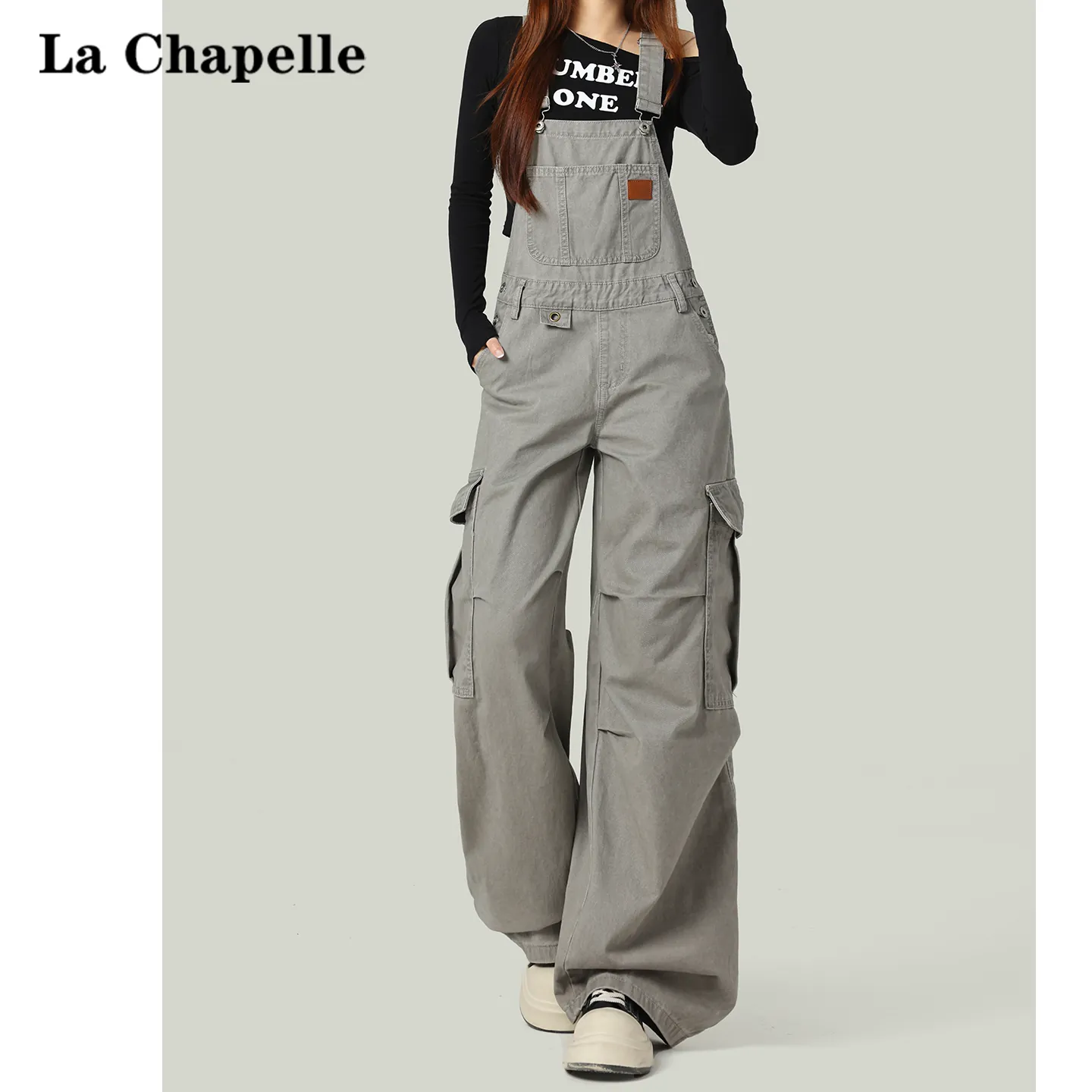 カーキグレー サスペンダー付き ワイドカーゴデニム