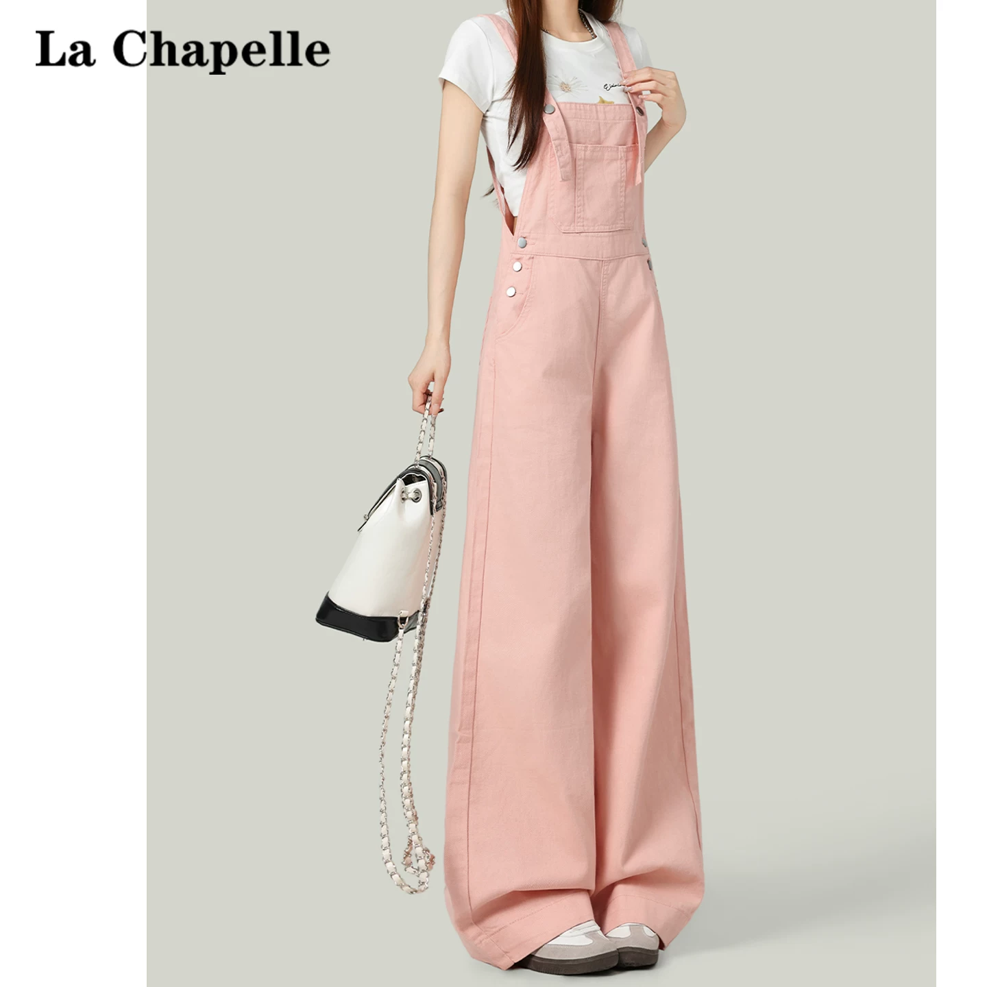ピンク デニム ロンパース ワイドシルエット