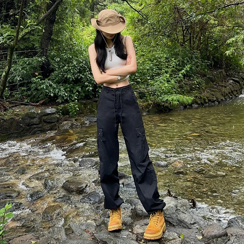ブラック ハイウエスト ストレート カーゴパンツ