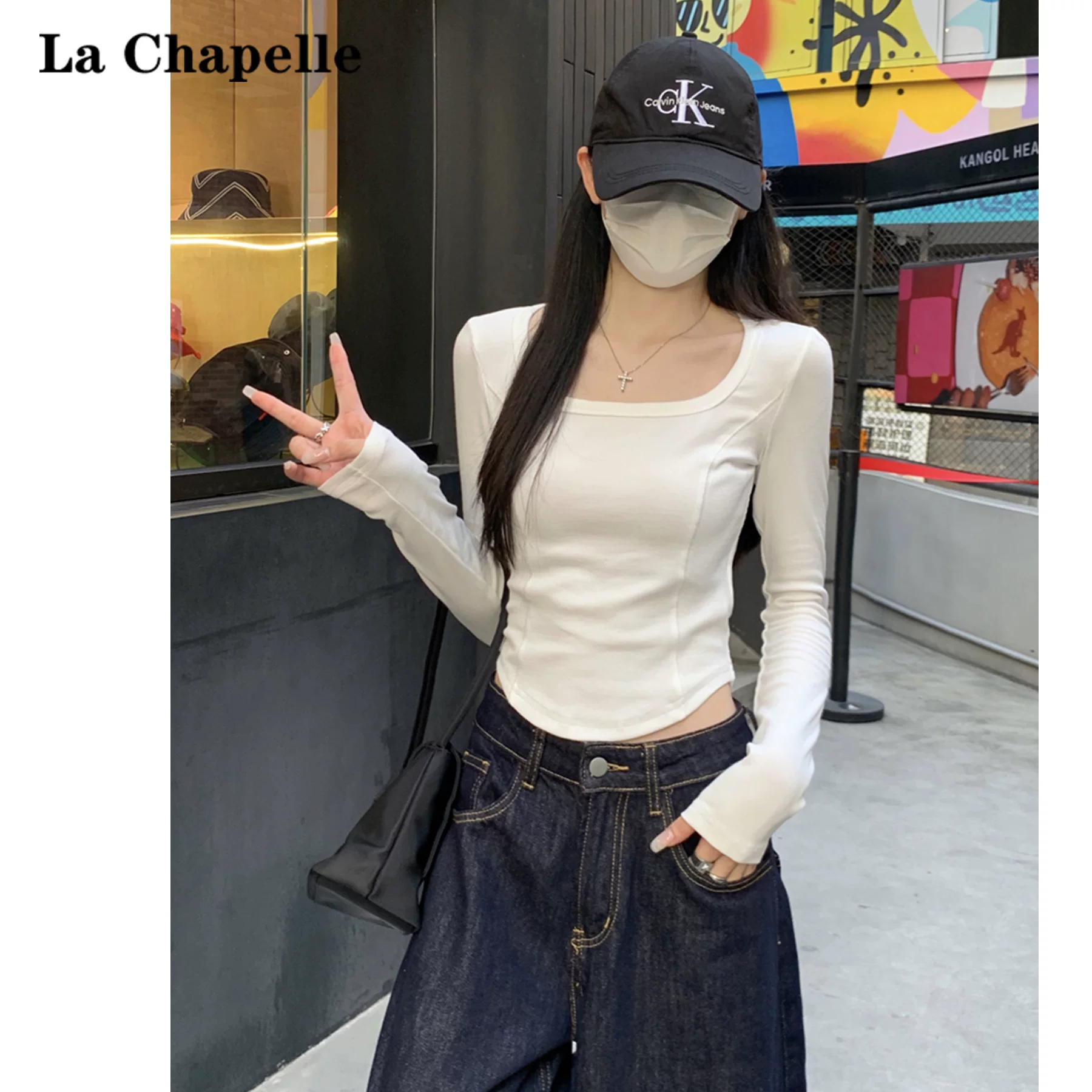 スクエアネック 長袖Tシャツ アプリコット インナー