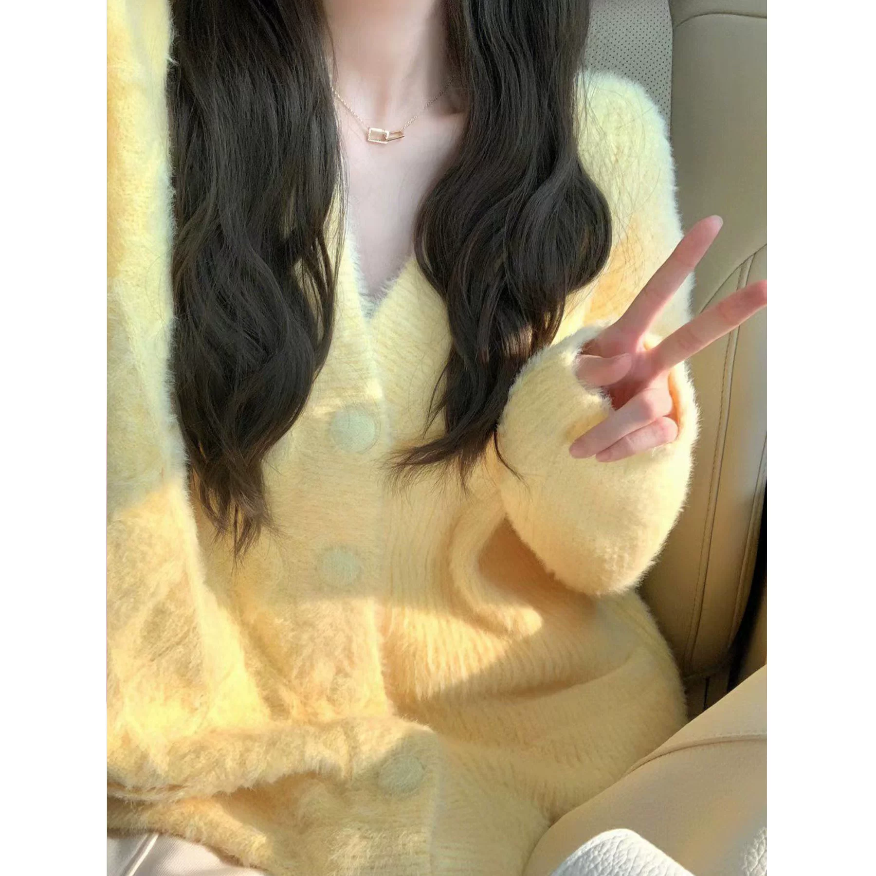 クリームイエロー モヘア ニットカーディガン ゆったり