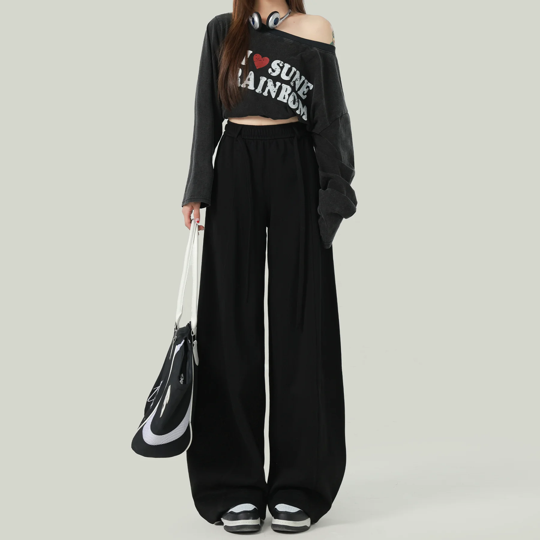 ハイウエスト ロング丈 ワイドパンツ