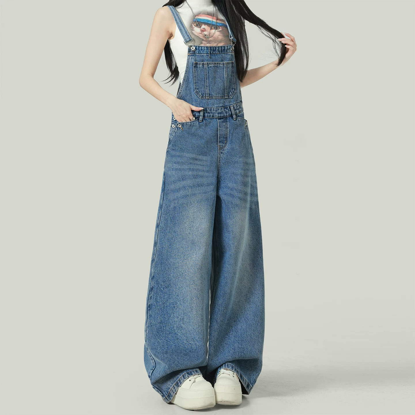デニム サロペット ワイドパンツ ハイウエスト ライトブルー