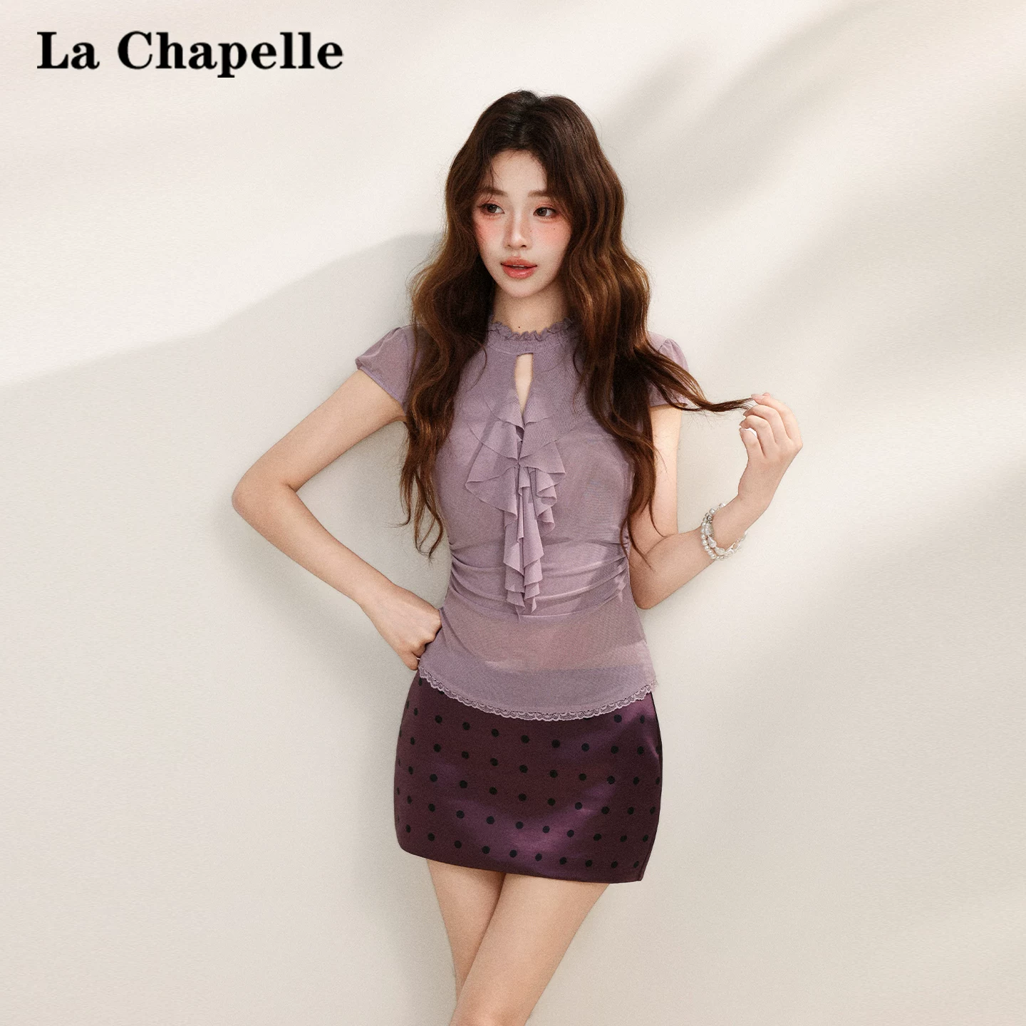 フリル 半袖Tシャツ ウエストシェイプ クルーネック パープル