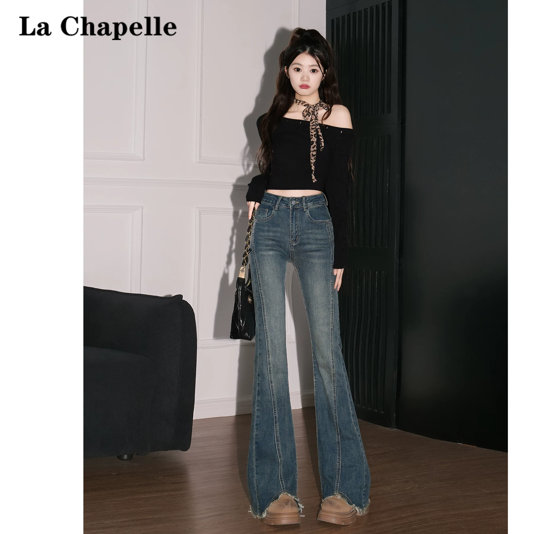 カットオフ セミフレア デニムパンツ ハイウエスト ヴィンテージ加工