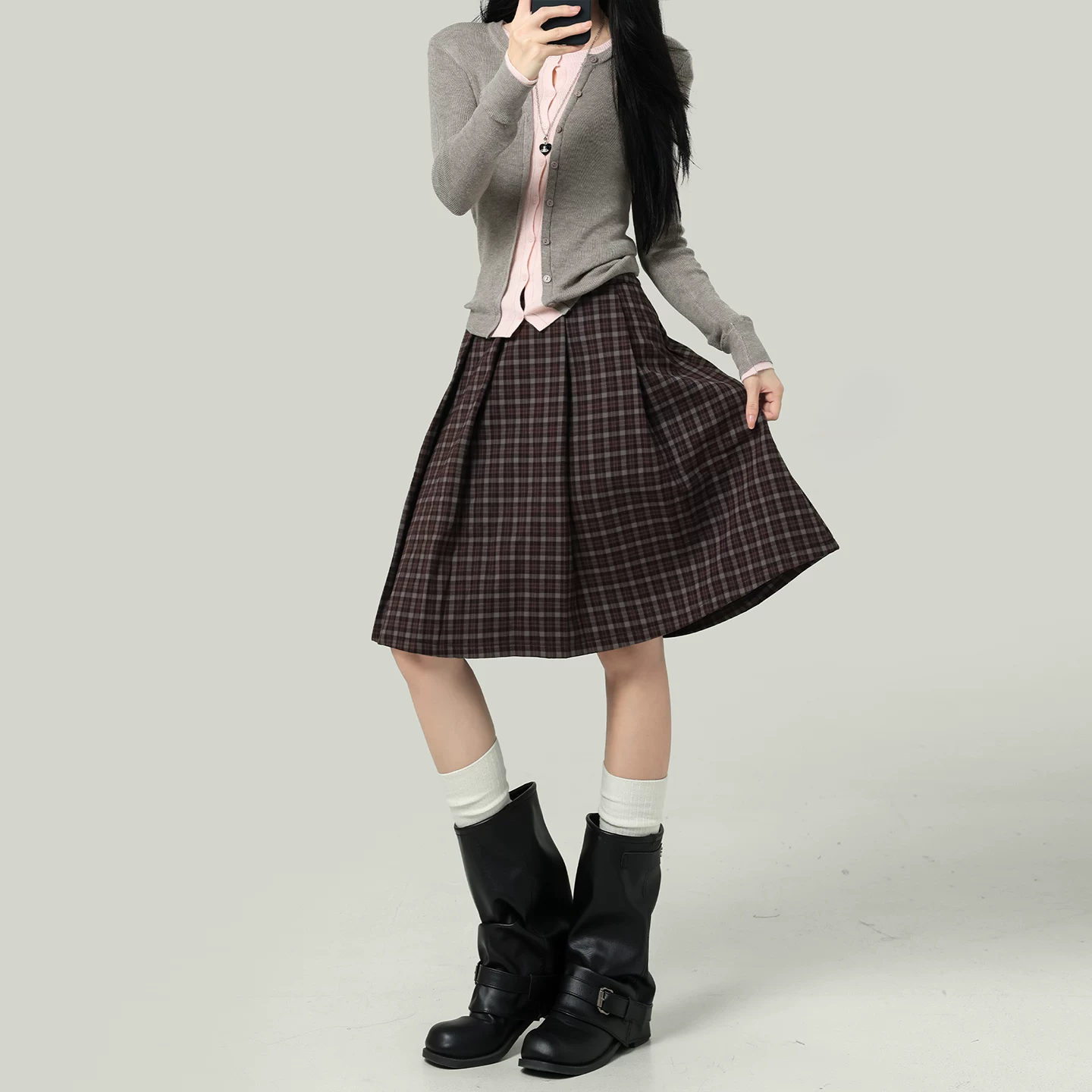 チェック柄 プリーツスカート ハイウエスト Aライン ミディ丈 ブラウン