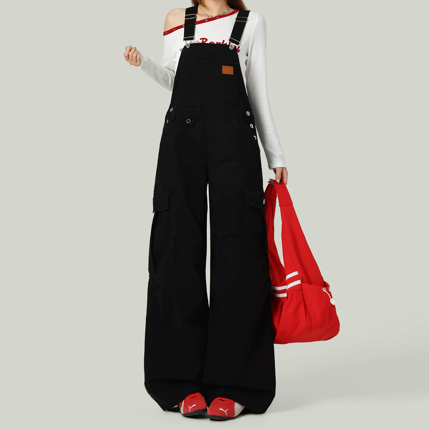デニム サロペット ワイドパンツ カーゴポケット ブラック
