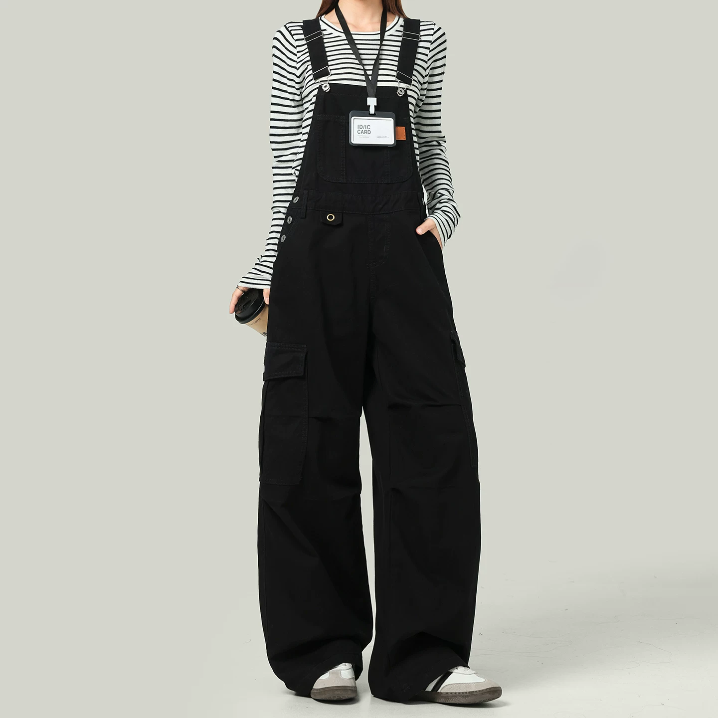 ブラック デニム サロペット ワイドパンツ ストレート