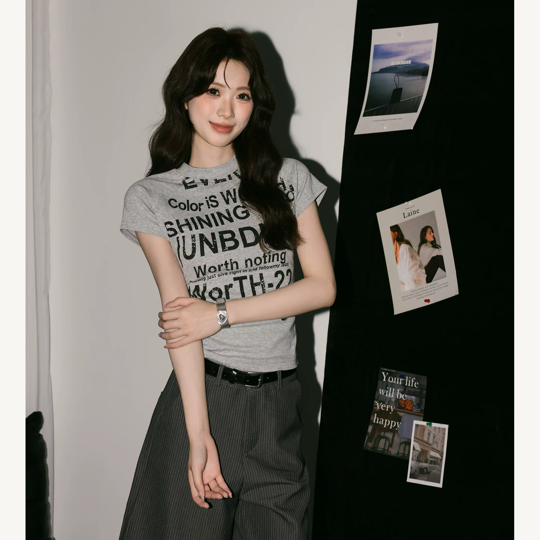 レタープリント 半袖Tシャツ クルーネック 薄手